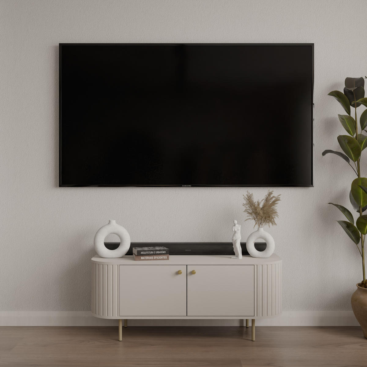 TV-SCHRANK Olivia 123 cm, mit 2 Türen, geriffeltem Design, kaschmir, goldfarbenen Metallfüßen - Kaschmir, Metall (123/50/43cm) - Margaret Hadas24