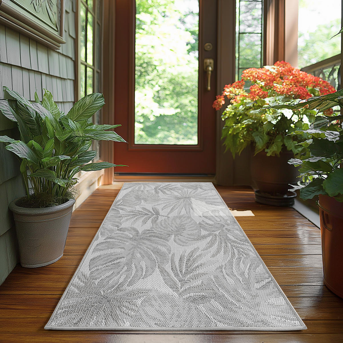 TEPPICH Outdoor Flachgewebe Tropenmuster Polypropylen Terrasse Grau Läufer 80x150 - Grau, Textil (80/150cm) - KADIMA DESIGN