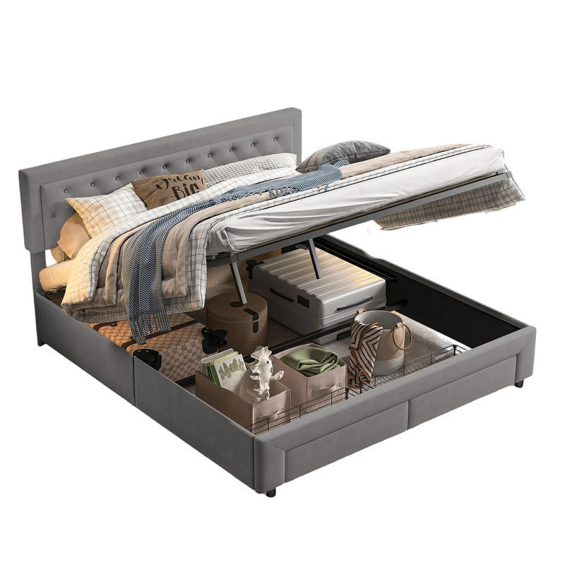 POLSTERBETT 180/200 cm grau Samt Stauraum Knopfheftung modern - Grau, Holz