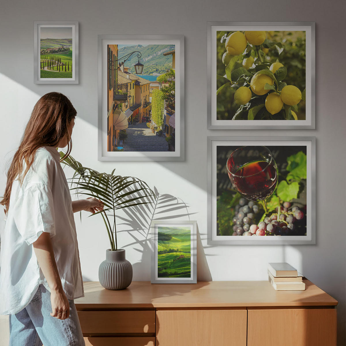 WANDBILDER 5er Set - 50x50 cm & 20x30 cm & 40x60 cm Silberner Rahmen - Italienische Landschaften, Zitrushügel - Silberfarben, Kunststoff (40/60cm) - ArtPrintCave