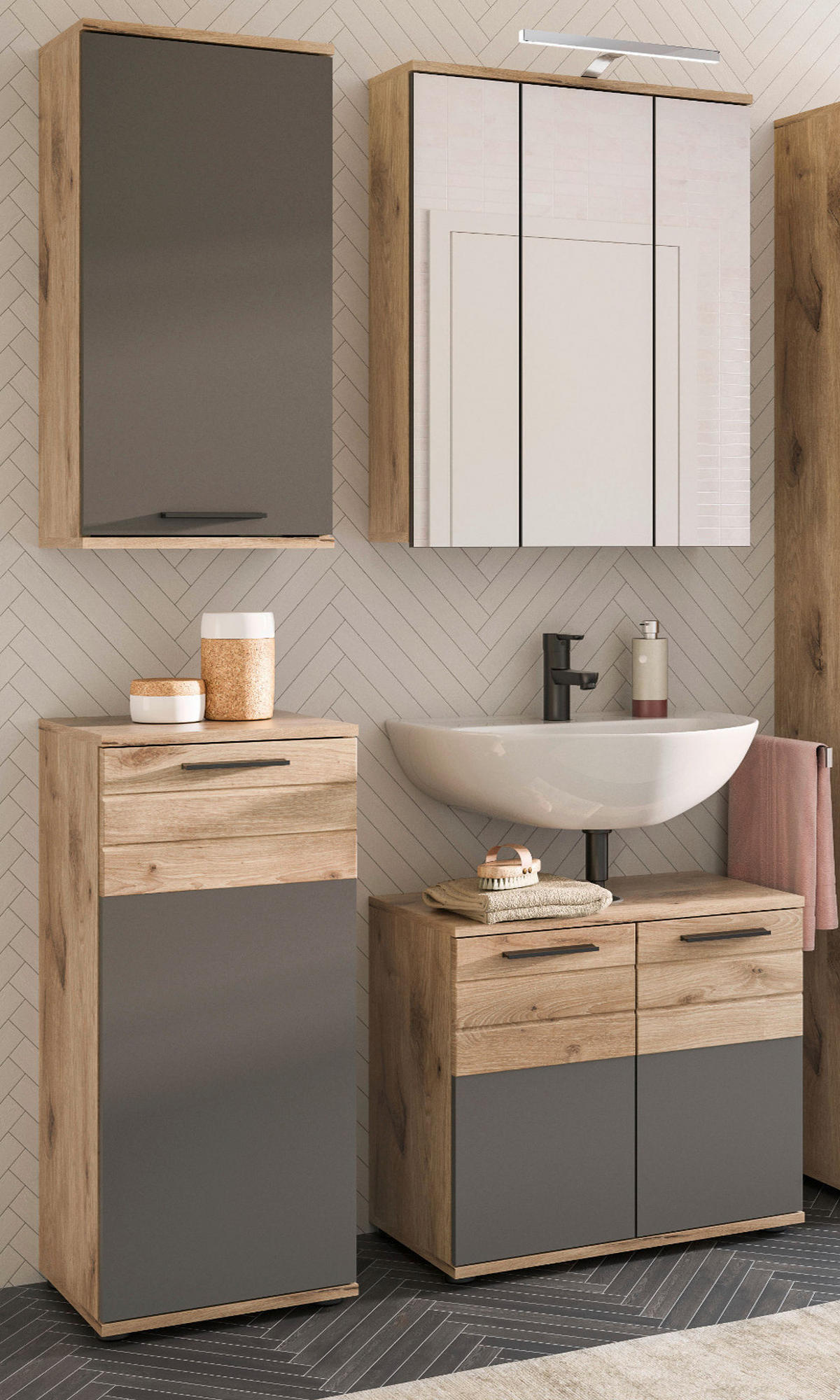 WASCHBECKENUNTERSCHRANK Eiche, grau 60 cm mit Soft-Close - Eichefarben/Schwarz, Holzwerkstoff/Kunststoff (60/56/34cm) - Inn.Furn