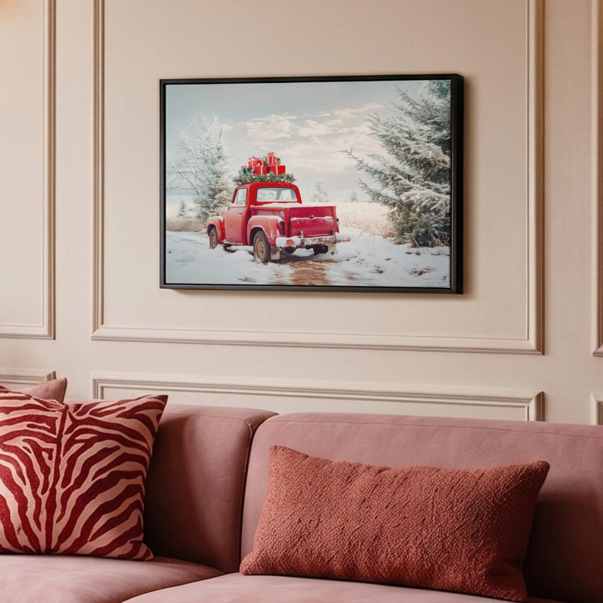 LEINWAND Bilder mit Rahmen - Auto - Rot - Geschenke - Winter - Schnee - Weihnachten - 60x40 - Rot, Textil (60/40cm) - MuchoWow
