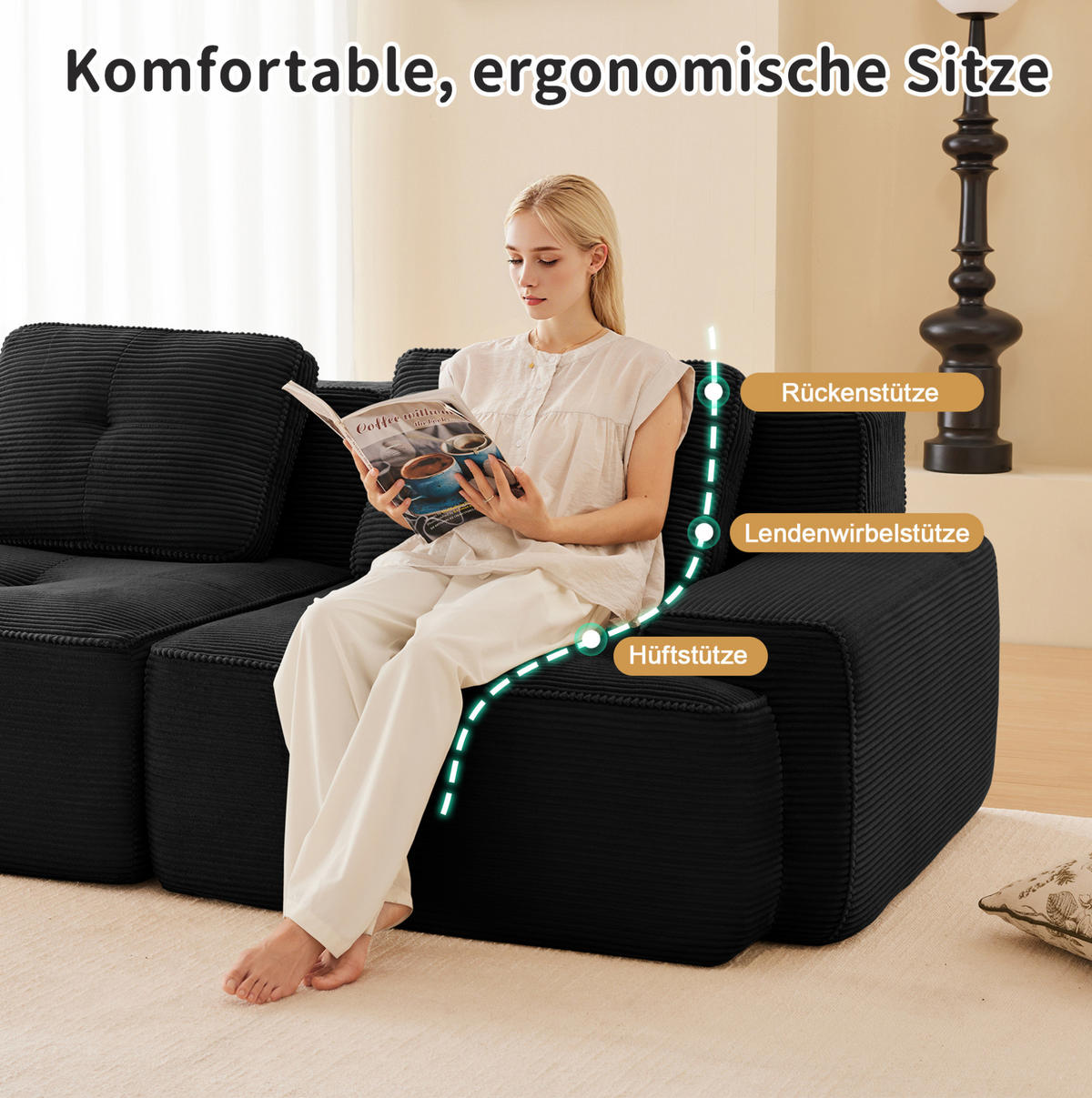 ECKSOFA aus Cord in Schwarz mit modularem Design - Schwarz, Textil (177/293cm) - Modfu