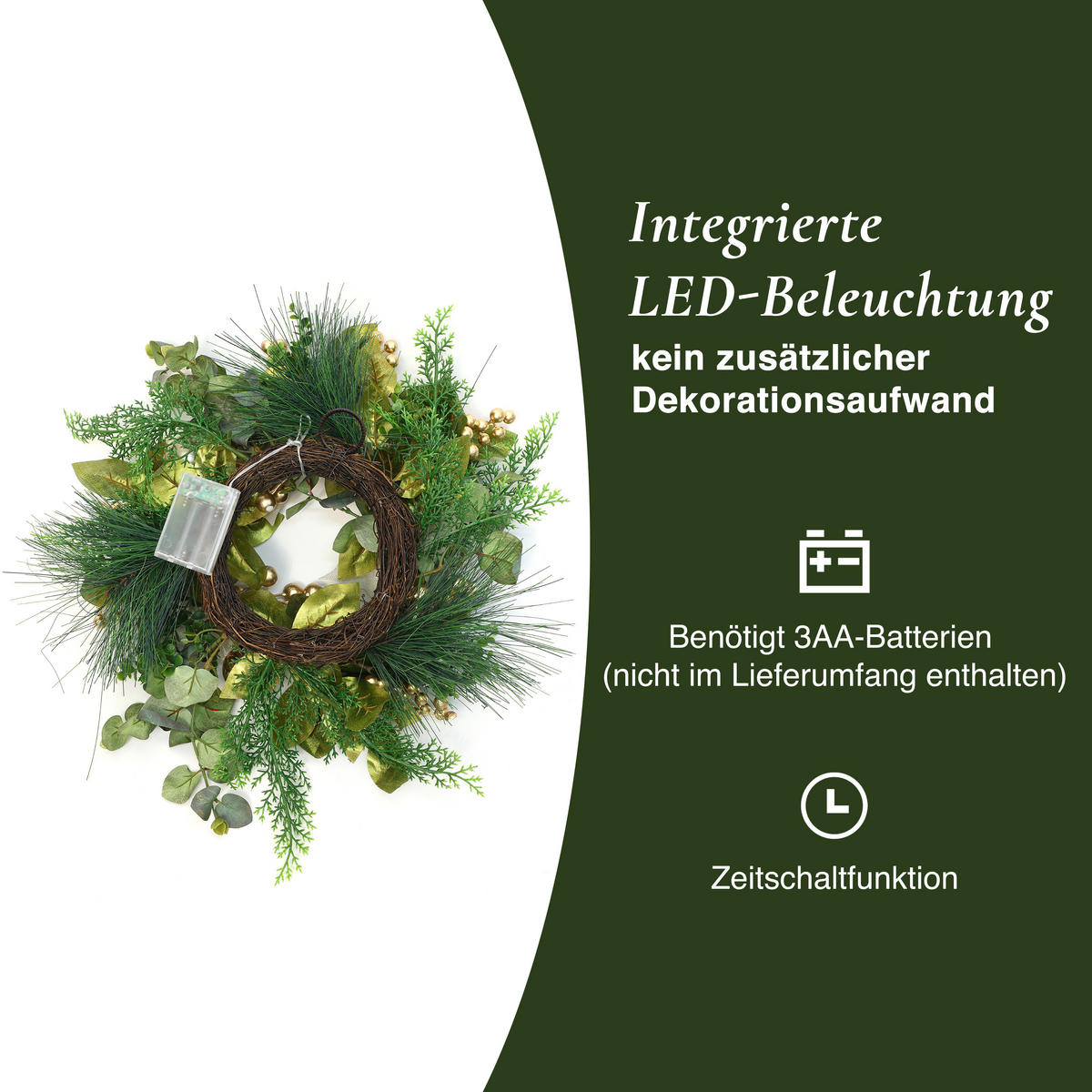 40 cm Weihnachtskranz mit LED&Timer, Goldblüten & Eukalyptus - Grün, Kunststoff (50cm) - Hometopia