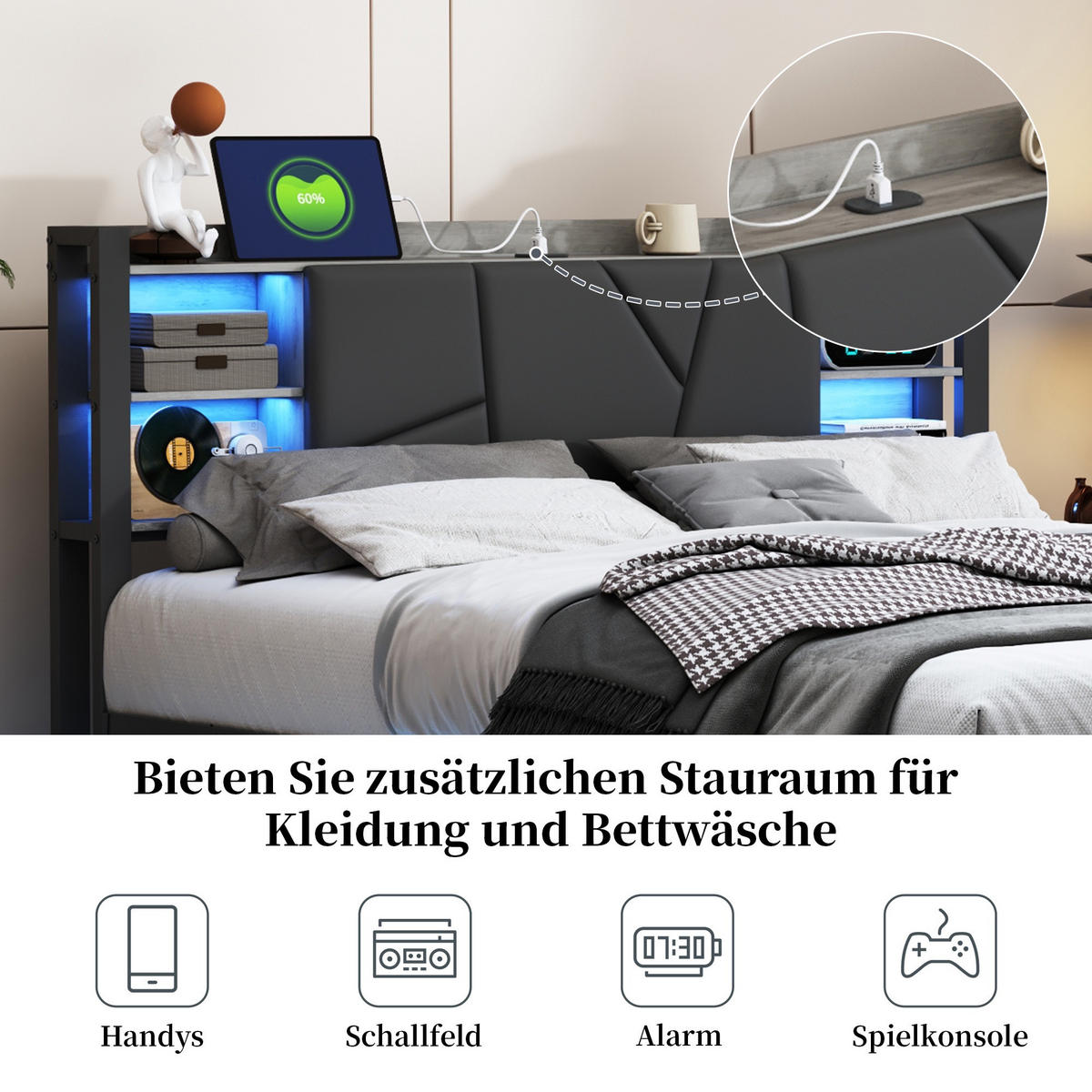 METALL-POLSTERBETT 140x200 cm Industrial Smart Charge mit RGB-LED, Ladestation und 2 Schubladen, Schwarz PU-Leder & Holz-Optik - Schwarz, Metall (140/200cm) - DELFA