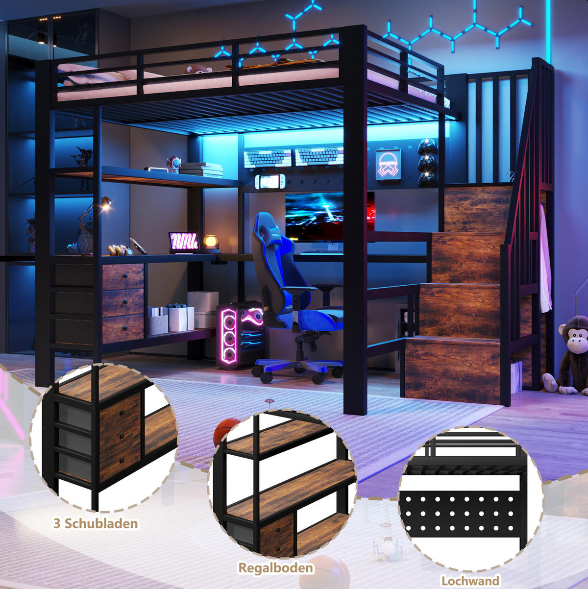 HOCHBETT 140/200 cm aus MDF und Metall mit Tisch, LED, Schwarz - Schwarz, Holzwerkstoff (140/200cm) - OKMYHOME