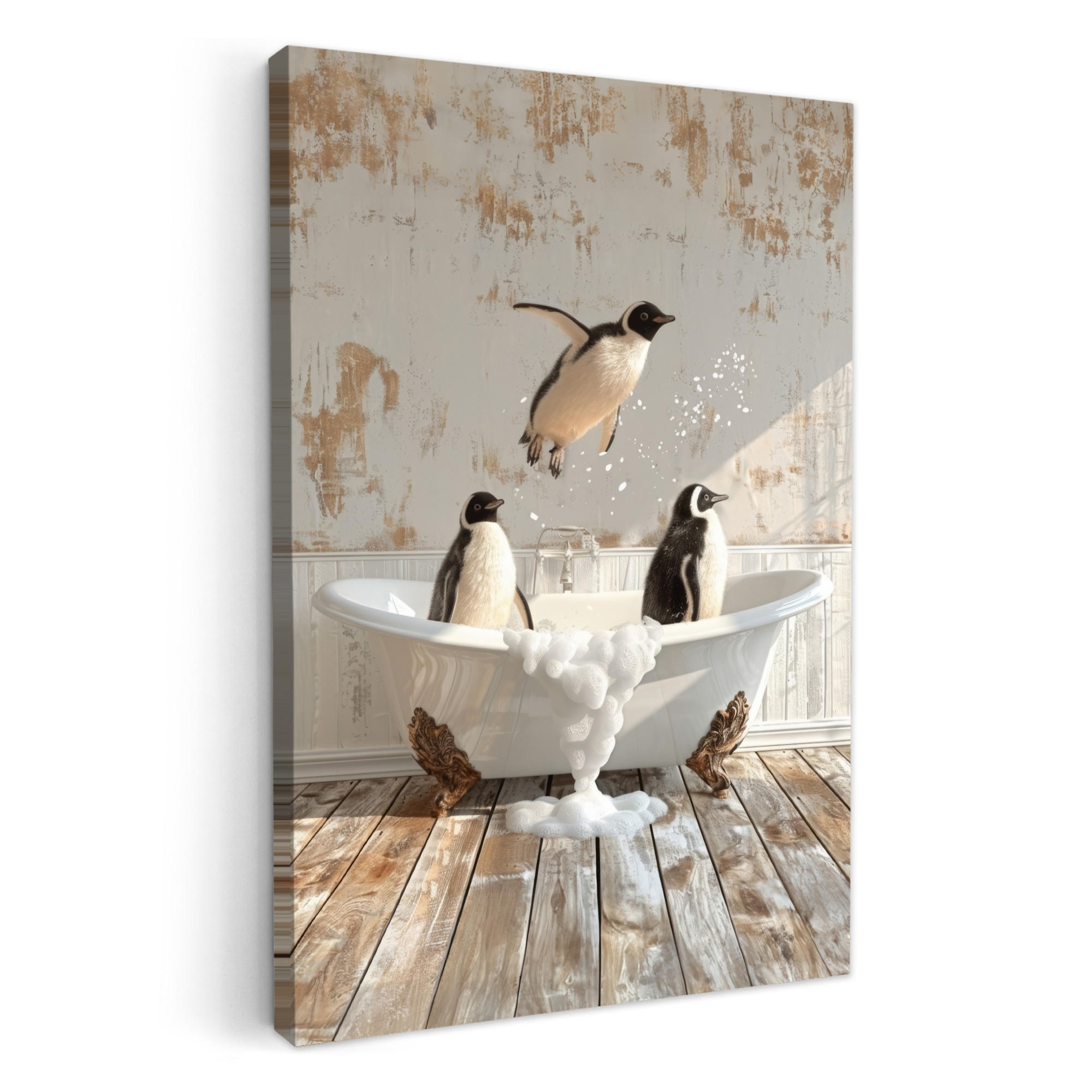 LEINWANDBILD Vintage - Pinguin - Badewanne - Schaumstoff 40x60 cm - Schwarz, Textil (40/60cm) - MuchoWow