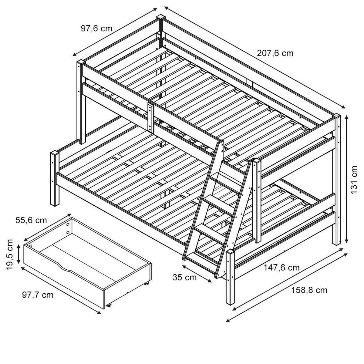 ETAGENBETT Everest Naturholz 140x200/90x200 cm mit 2 Matratzen und 2 Schubkästen - Eichefarben, Holz (140/200cm) - VitaliSpa