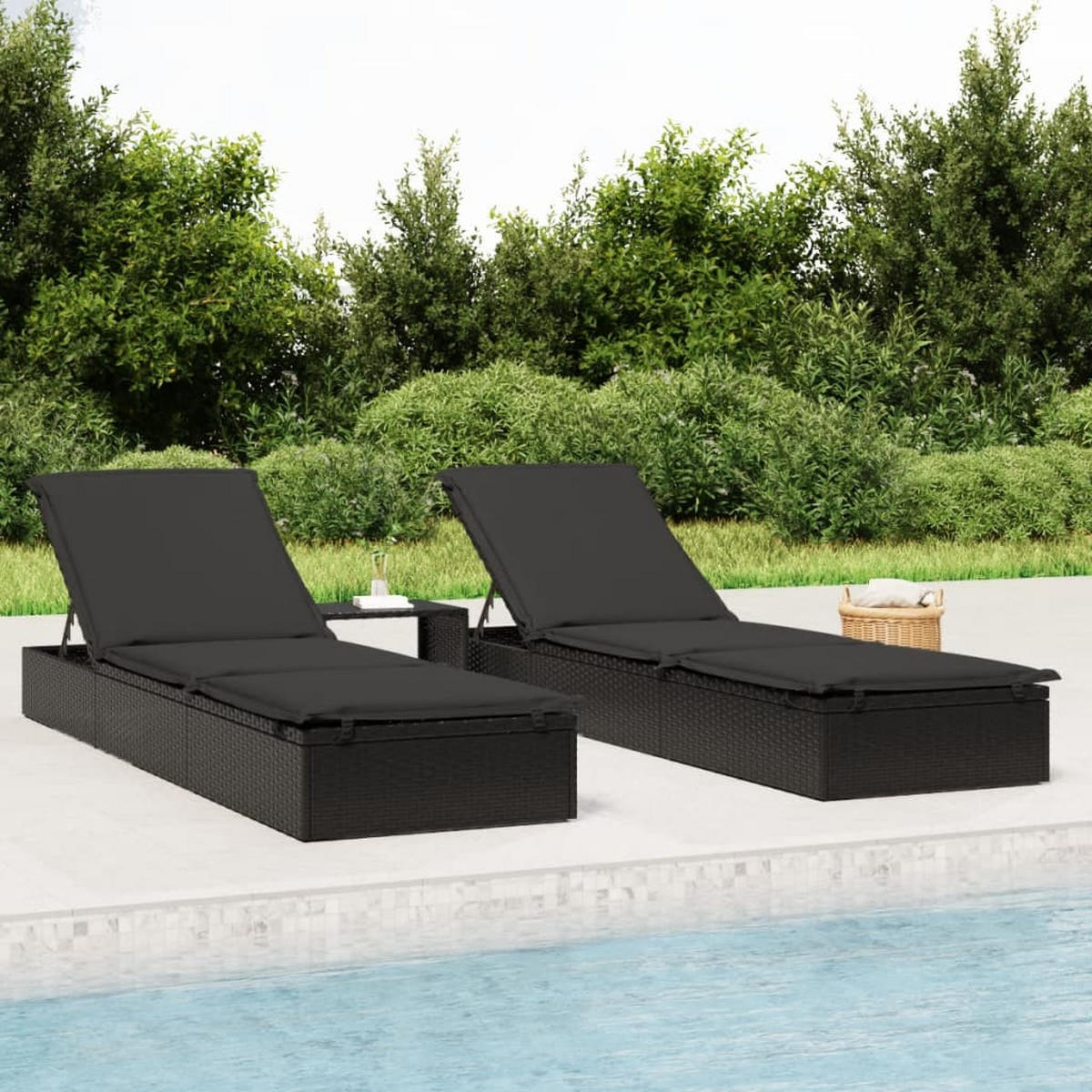 SONNENLIEGEN 2 Stk. Mit Tisch Schwarz Poly Rattan - Schwarz, Kunststoff (55/62/201cm) - vidaXL