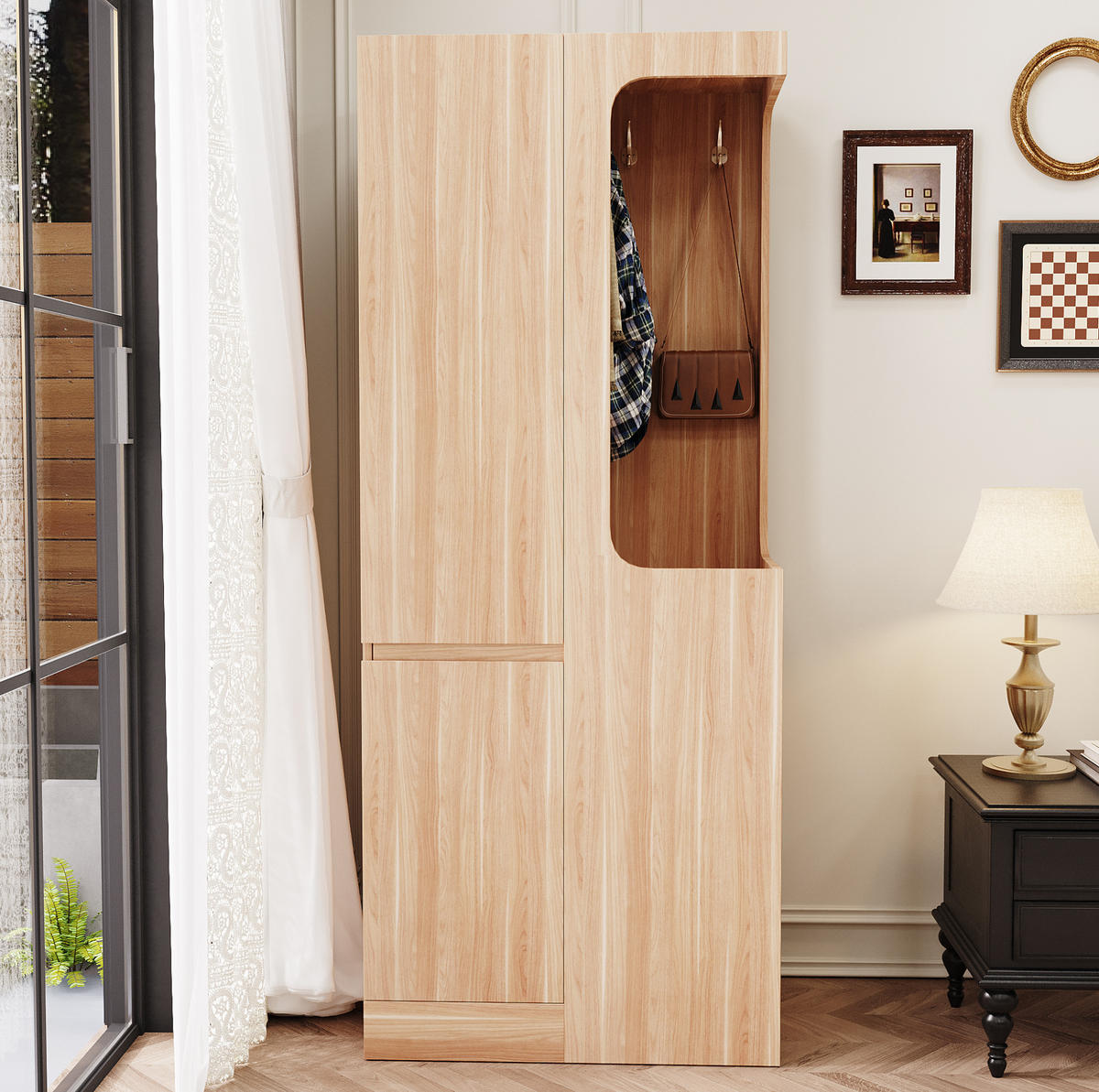 KLEIDERSCHRANK 70/40/170 cm in Weiß/Holz mit 4 Schubladen und offenem Hängebereich - Naturfarben, Holz (70/170/40cm) - BEAOK