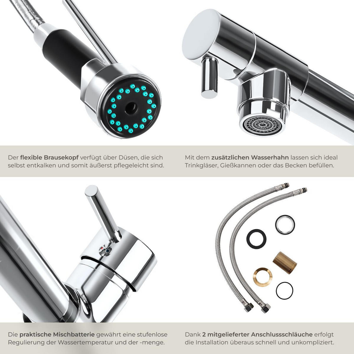 KÜCHENARMATUR, inklusive 2 Anschlussschläuche, grau - Grau, Metall (5/52/24.5cm) - tectake