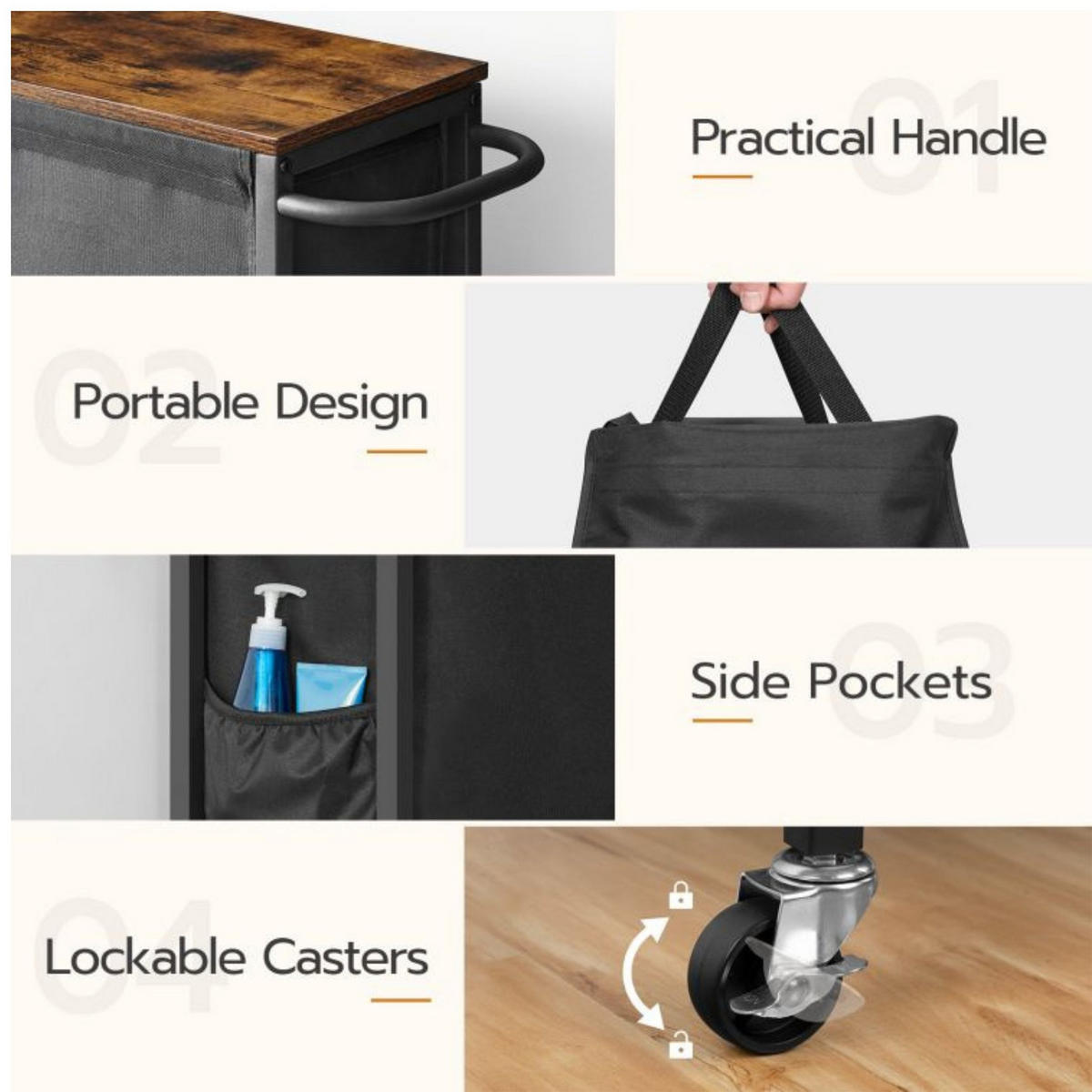 WÄSCHESORTIERER braun Platzsparender Wäschekorb - Greige/Schwarz, Holzwerkstoff (24/74/40cm) - Hoobro