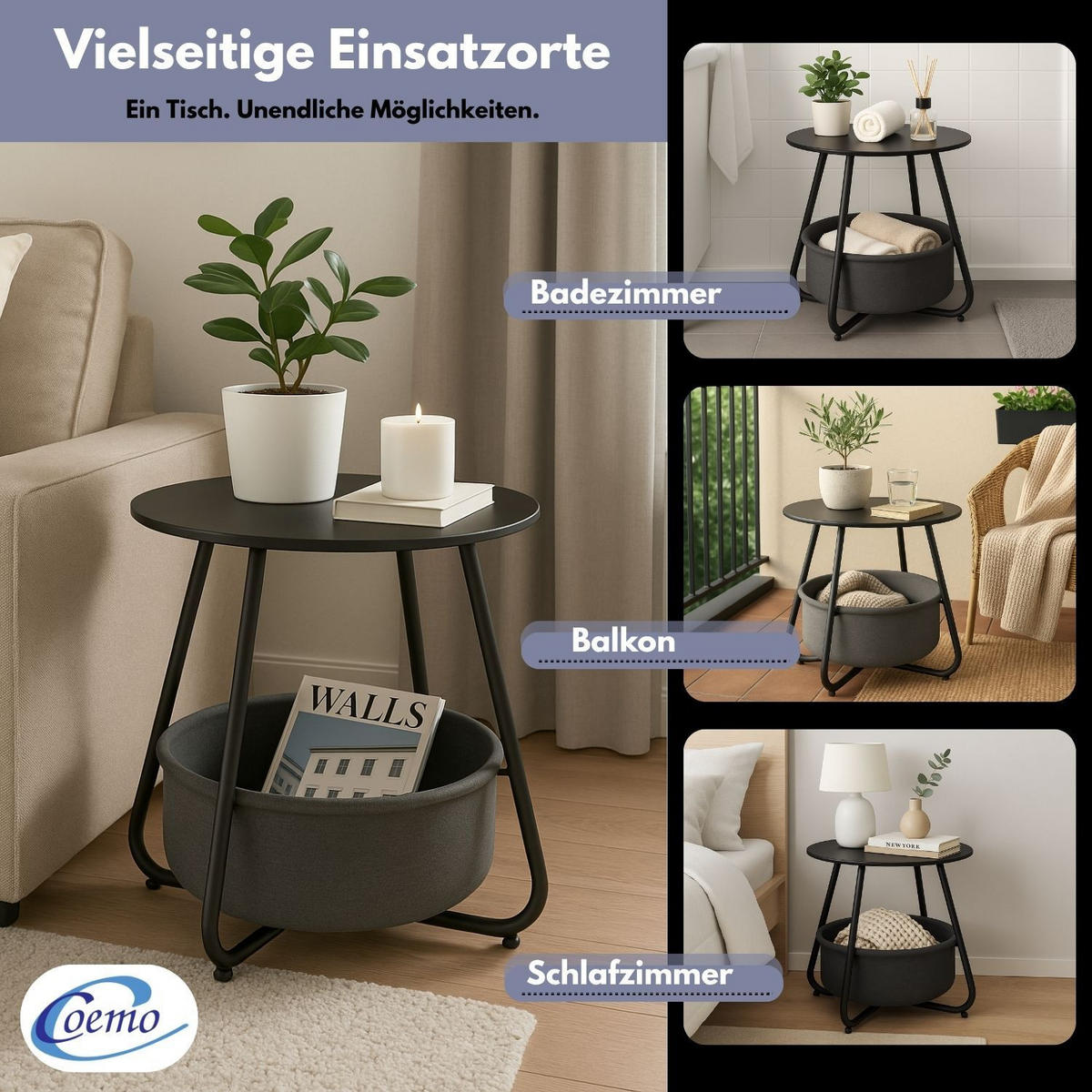 COUCHTISCH KOSI Metall mit Aufbewahrungskorb Canvas Schwarz - Schwarz, Metall (50/50/45cm) - Coemo