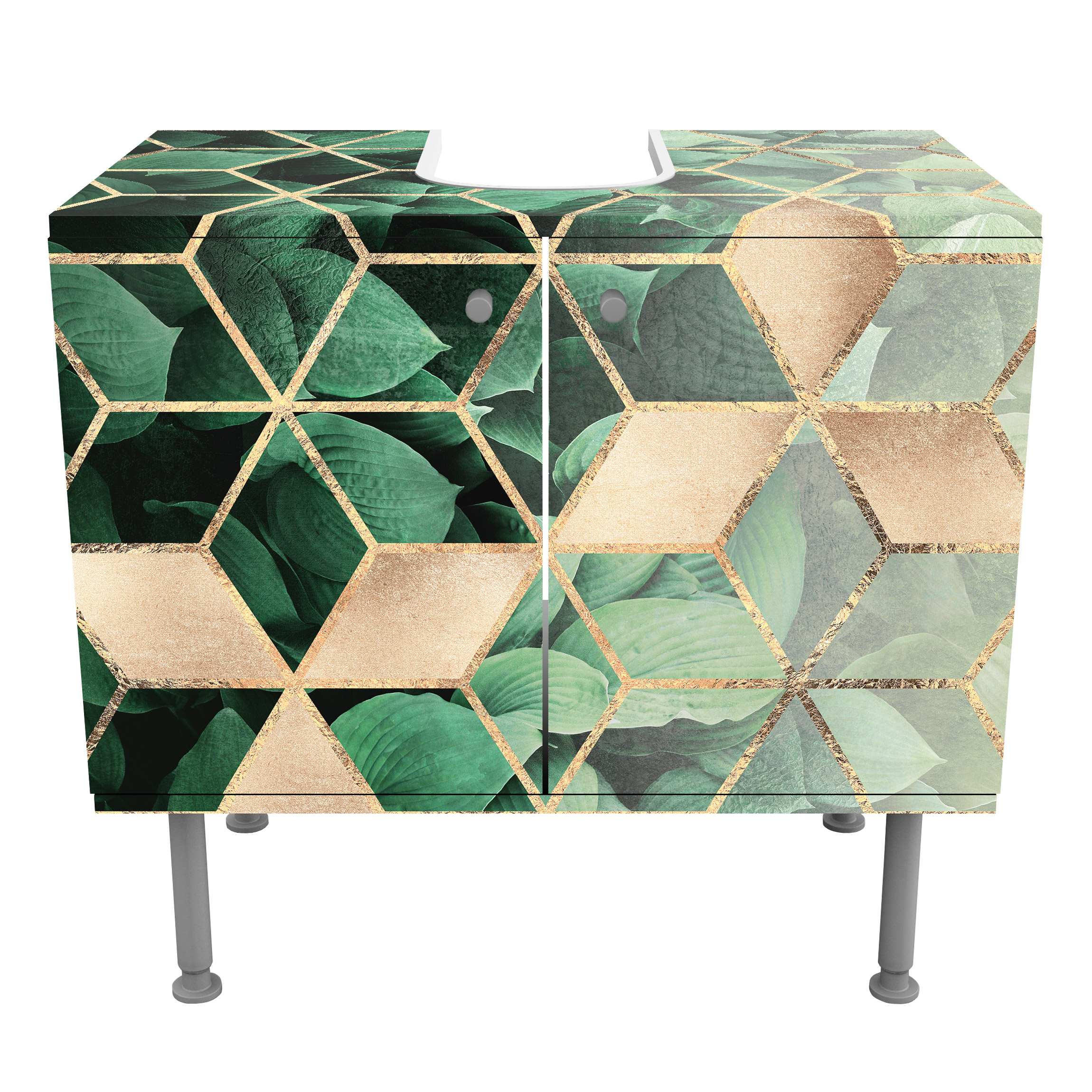 WASCHBECKENUNTERSCHRANK Grüne Blätter goldene Geometrie 60/55/35 cm - Grün, Holzwerkstoff (60/55/35cm) - Bilderwelten
