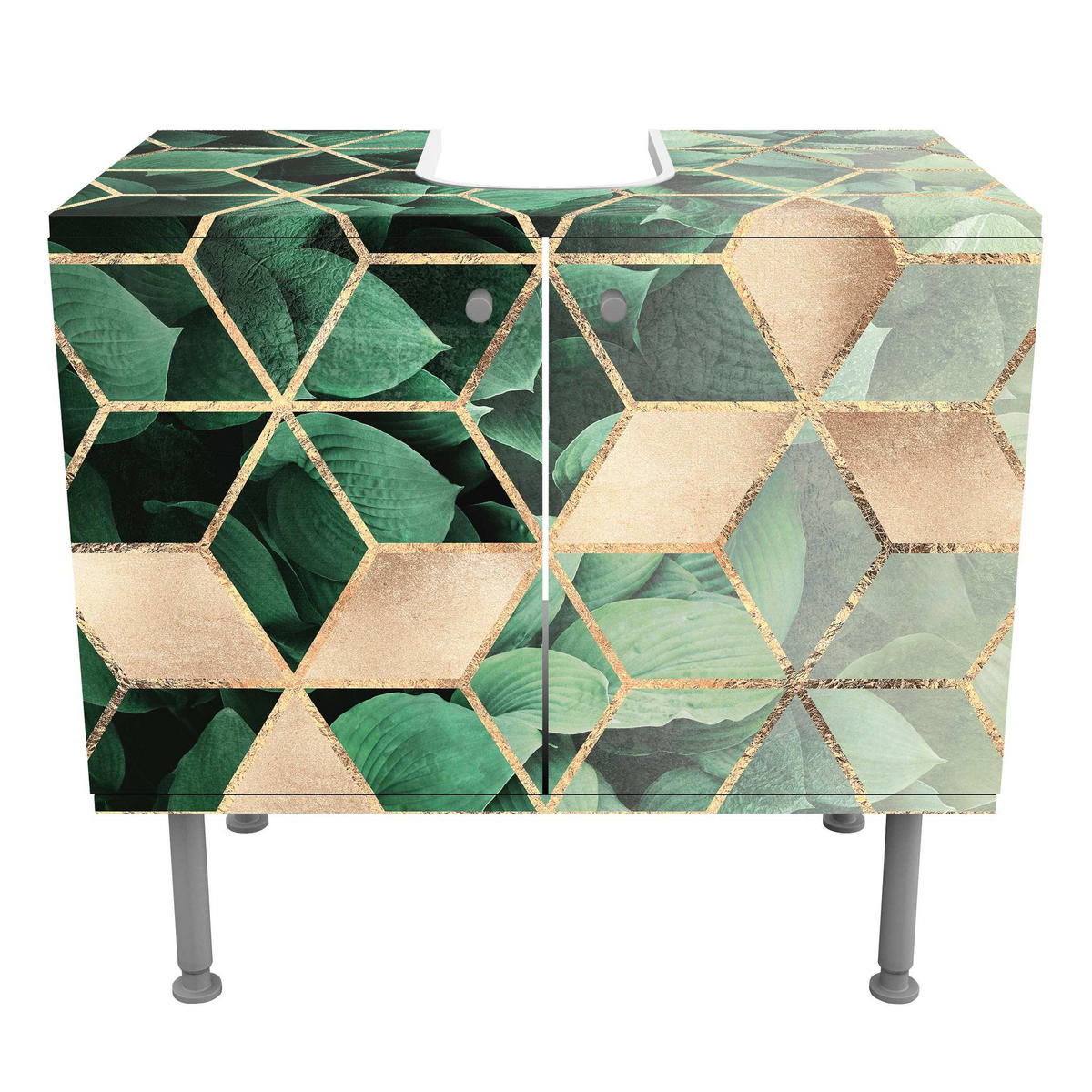 WASCHBECKENUNTERSCHRANK Grüne Blätter goldene Geometrie 60/55/35 cm - Grün, Holzwerkstoff (60/55/35cm) - Bilderwelten