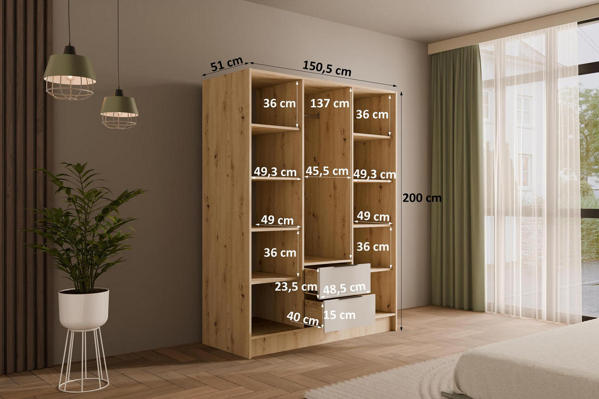 KLEIDERSCHRANK mit Flügeltüren KOLIN 150x200cm Artisan / Weiß - Eiche Artisan/Weiß, Holzwerkstoff (150/200/51cm) - ALTDECOR