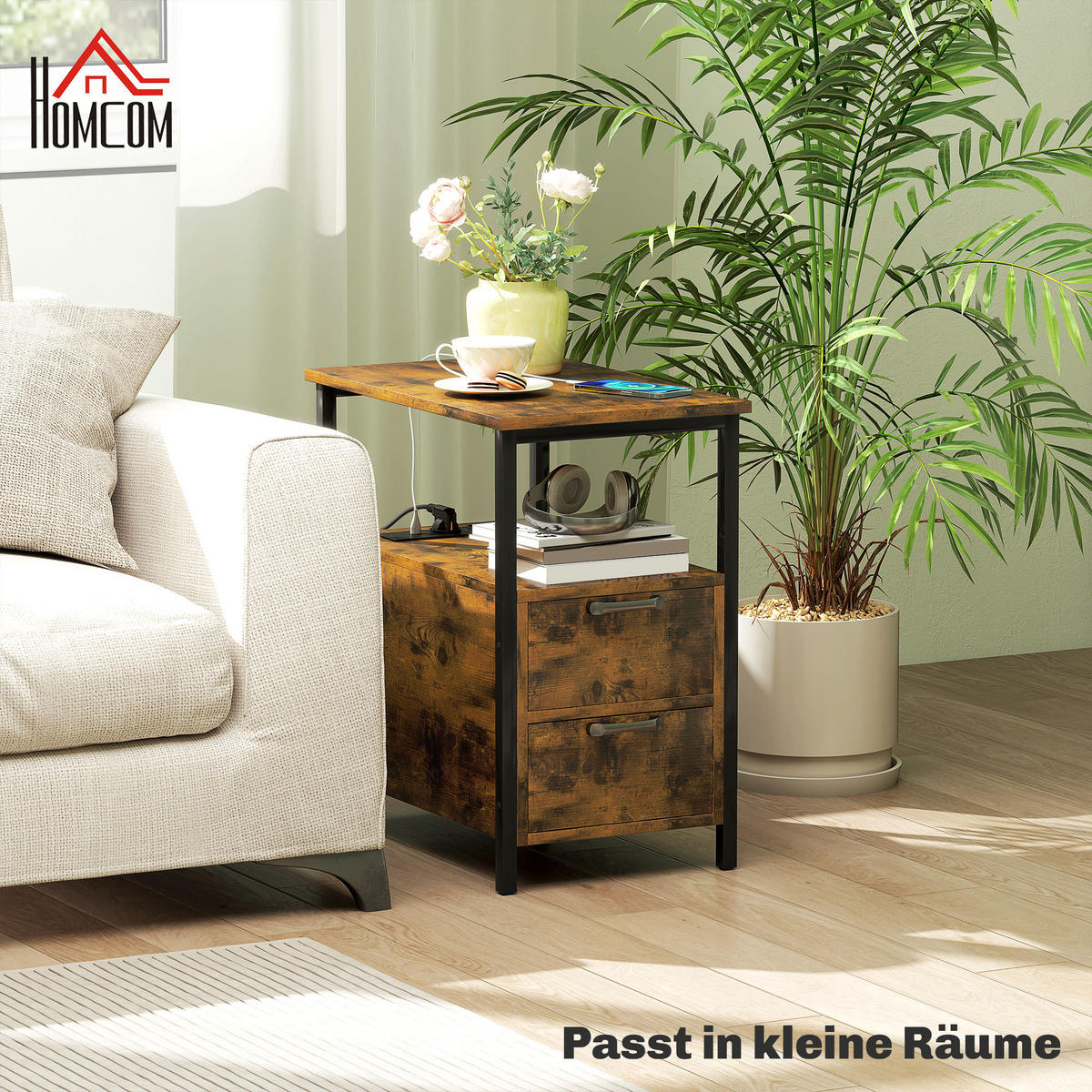 BEISTELLTISCH Couchtisch mit Aufladestation, USB-Anschlüssen und Steckdosen, Rustikal-Braun - Braun, Holzwerkstoff (35/55/58.5cm) - HOMCOM