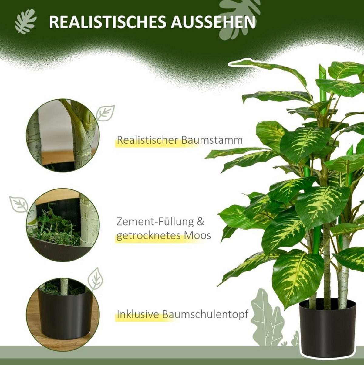 KUNSTPFLANZEN Dieffenbachie 17/17/95 cm grün aus Kunststoff mit Zementtopf - Grün, Kunststoff (95cm) - OKWISH