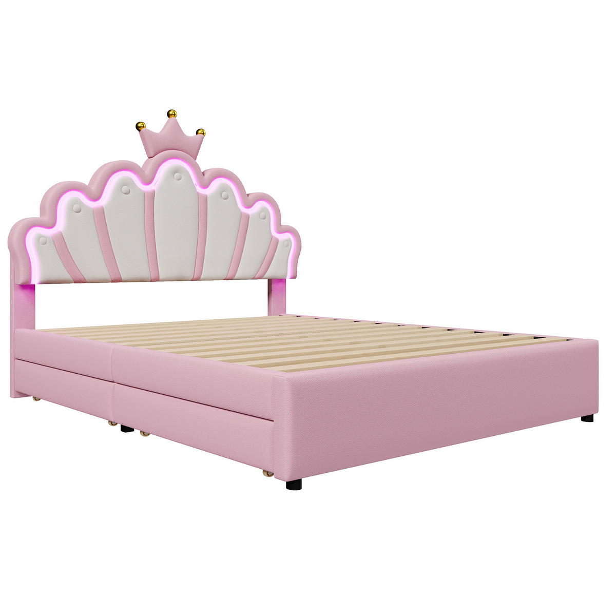 KINDERBETT 140/200 cm in Rosa mit 2 Schubladen, LED und verstellbarem Kopfteil - Rosa, Holzwerkstoff/Textil (140/200cm) - CHICFURN