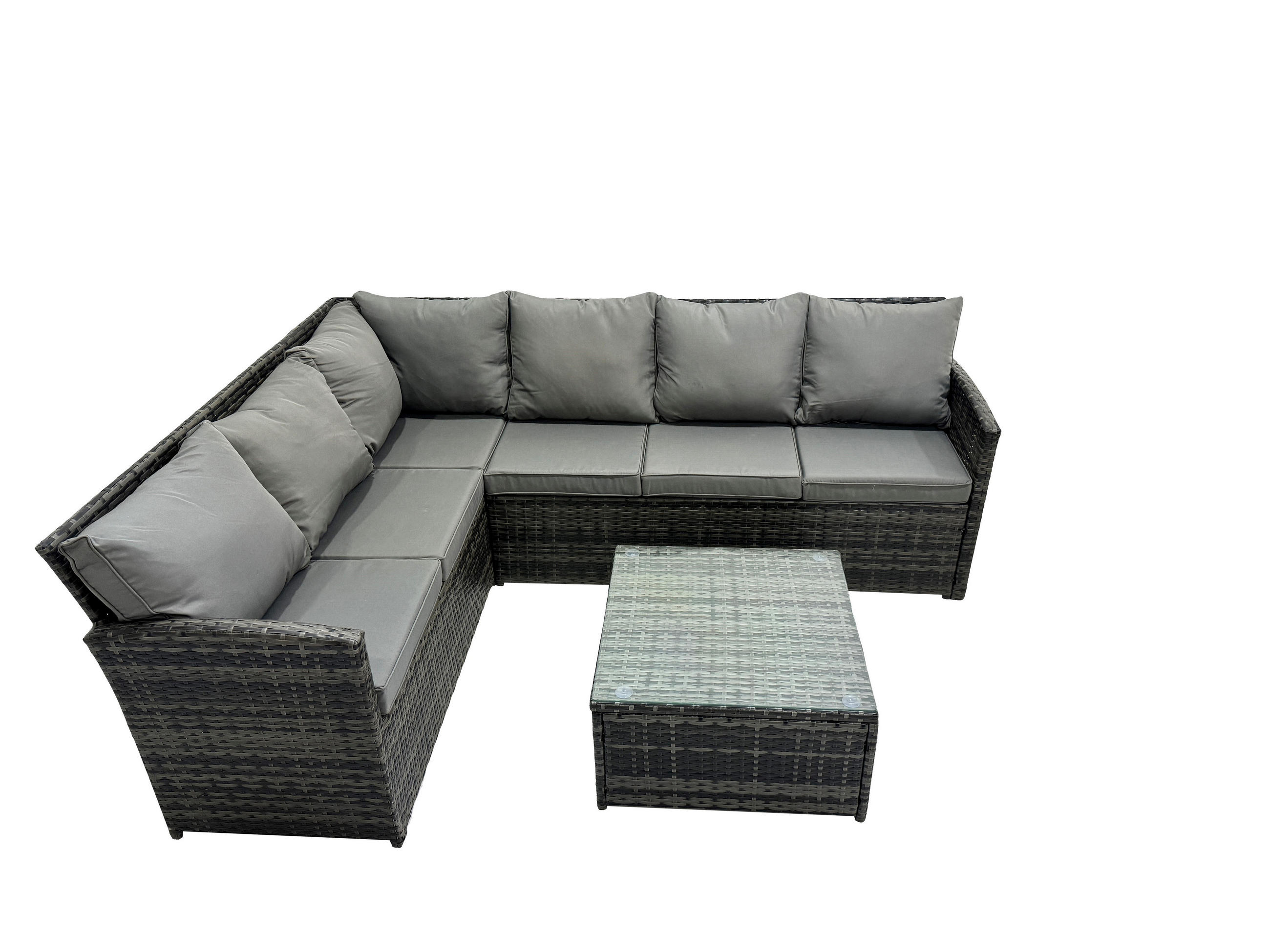 GARTENGARNITUR mit Ecksof,Couchtisch Polyrattan Dunkelgrau 6-Sitzer - Dunkelgrau/Grau, Glas/Kunststoff - Fimous