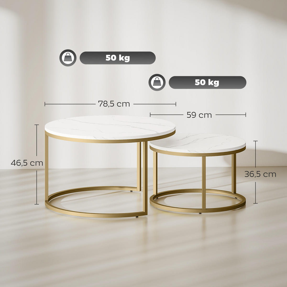 COUCHTISCH DE-15794 2er-Set nestbar Weiß - Weiß, Metall (78.5/78.5/46.5cm) - ComfortXL