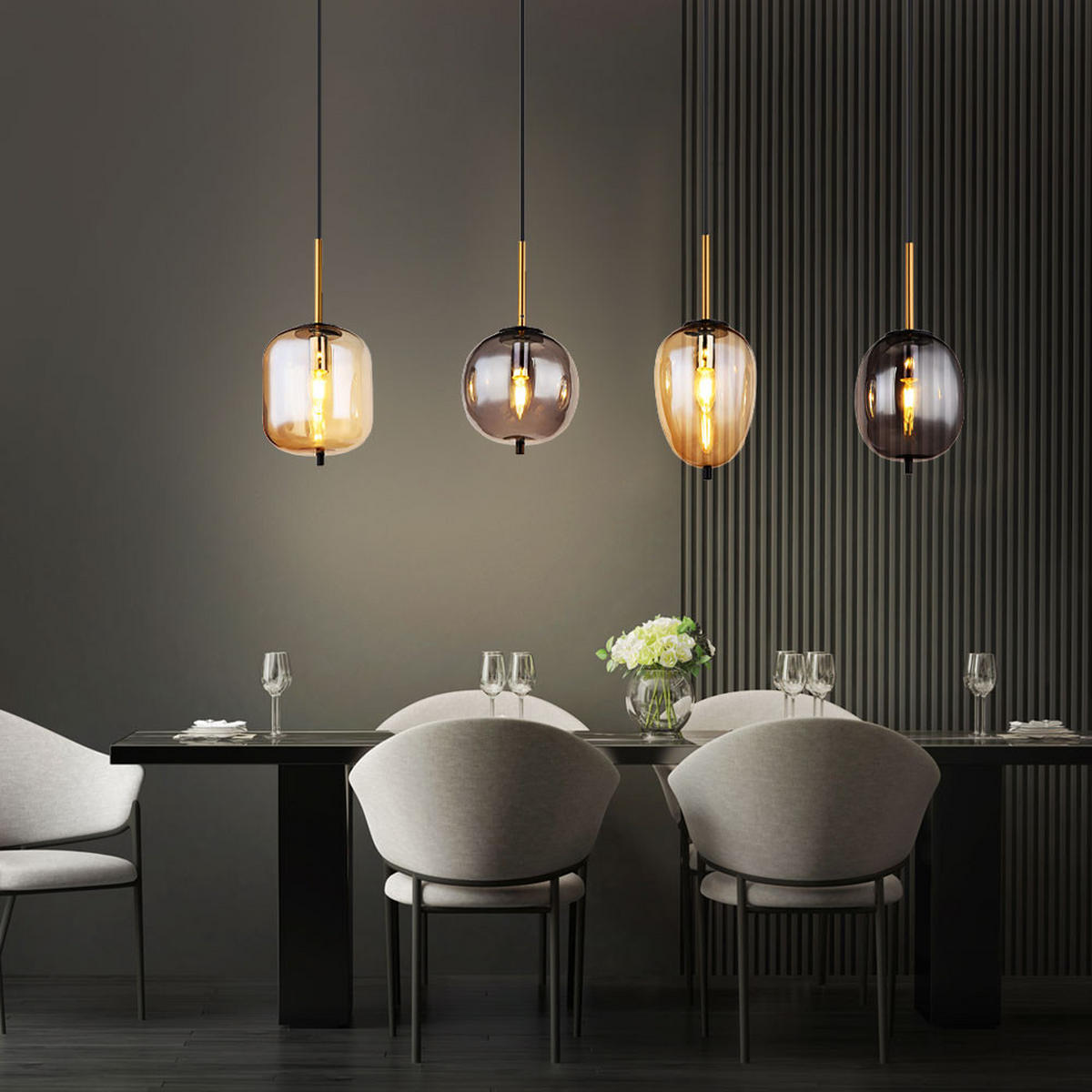 HÄNGELEUCHTE Metall Schwarz Amber-Glas 4-Flammig - Schwarz, Glas (110/18.5/120cm) - Globo Lighting