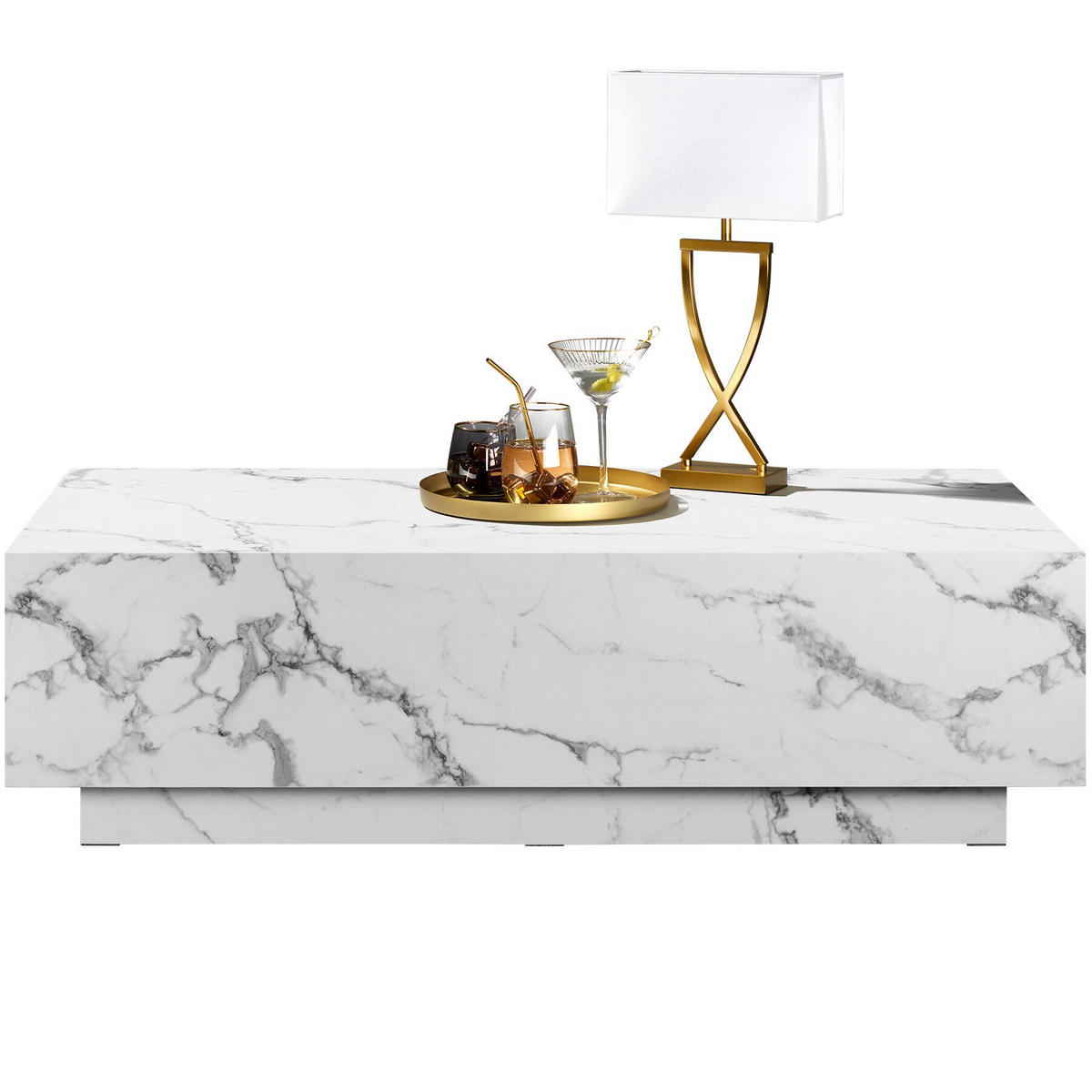 COUCHTISCH Lasley, inkl. Bodenschoner, Belastbarkeit 45 kg, Marmor Optik weiß - Weiß, Holz (60/120/35cm) - tectake