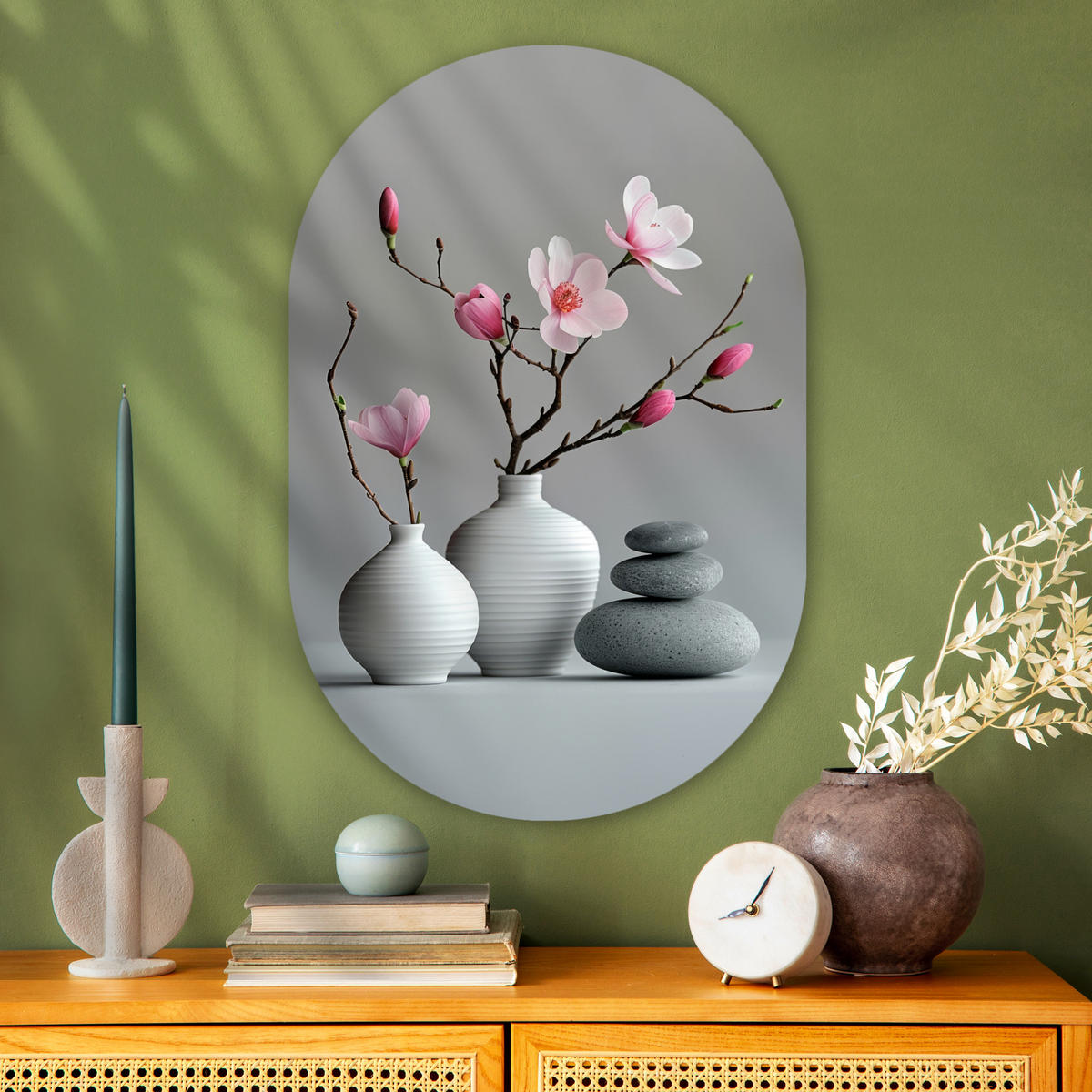 WANDBILD Magnolie - Blumen - Rosa - Zen-Steine 60x90 cm - Hellgrau, Kunststoff (60/90cm) - MuchoWow