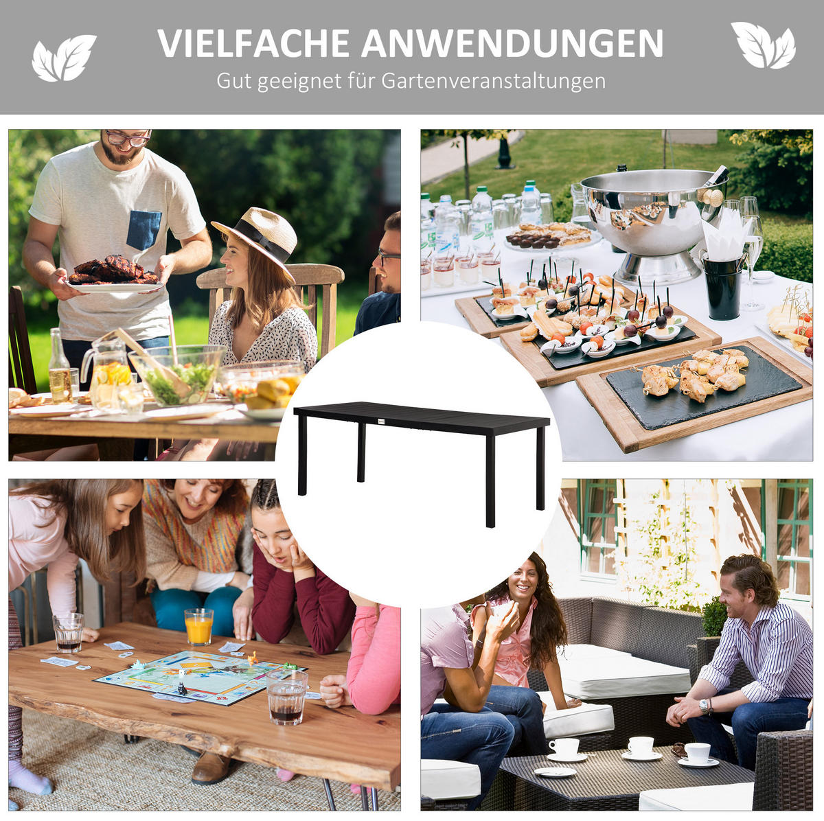 GARTENTISCH 190/90/74 cm schwarz aus Aluminium wetterfest - Schwarz, Metall (190/90/74cm) - OKWISH