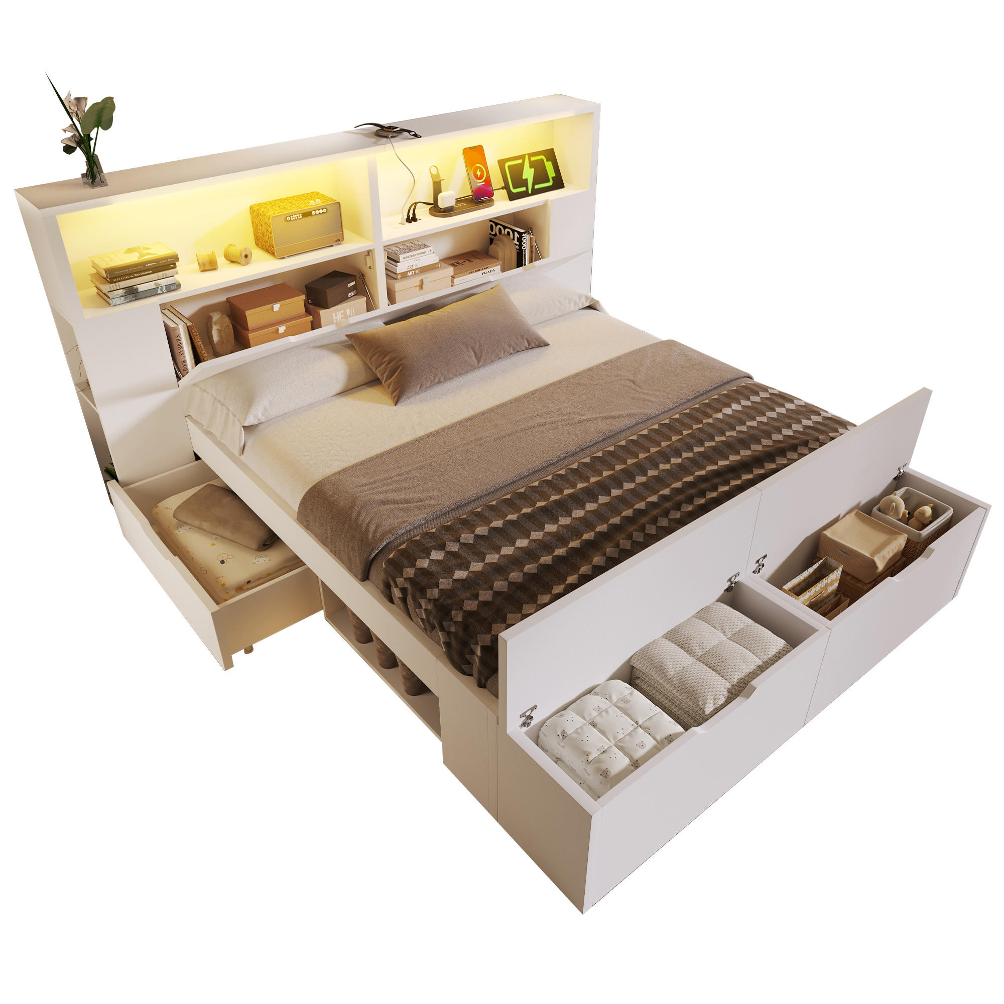 HOLZBETT 140/200 cm mit LED-Beleuchtung, USB-C/USB-Anschlüssen, Stauraum, Bettbank und Schubladen, Weiß - Weiß, Holzwerkstoff (140/200cm) - Redom