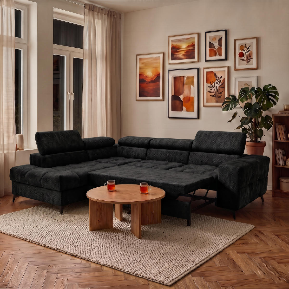 ECKSOFA PUDDING L Links mit Schlaffunktion 128x197 Velours Schwarz - Schwarz, Holz/Textil (270/204cm) - Muffo