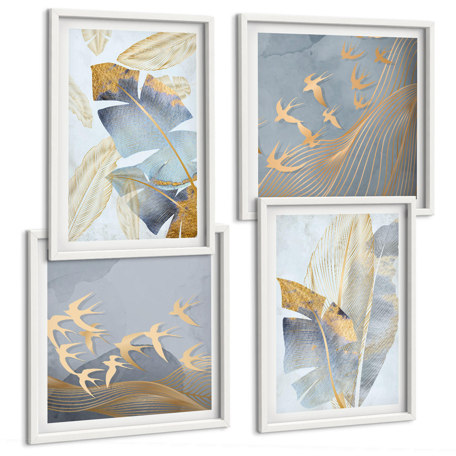BILDER SET 4er Set - 50x50 cm & 40x60 cm Weißer Rahmen - Blaubeige Blätter im Hintergrund - Weiß, Kunststoff (50/50cm) - TULUP