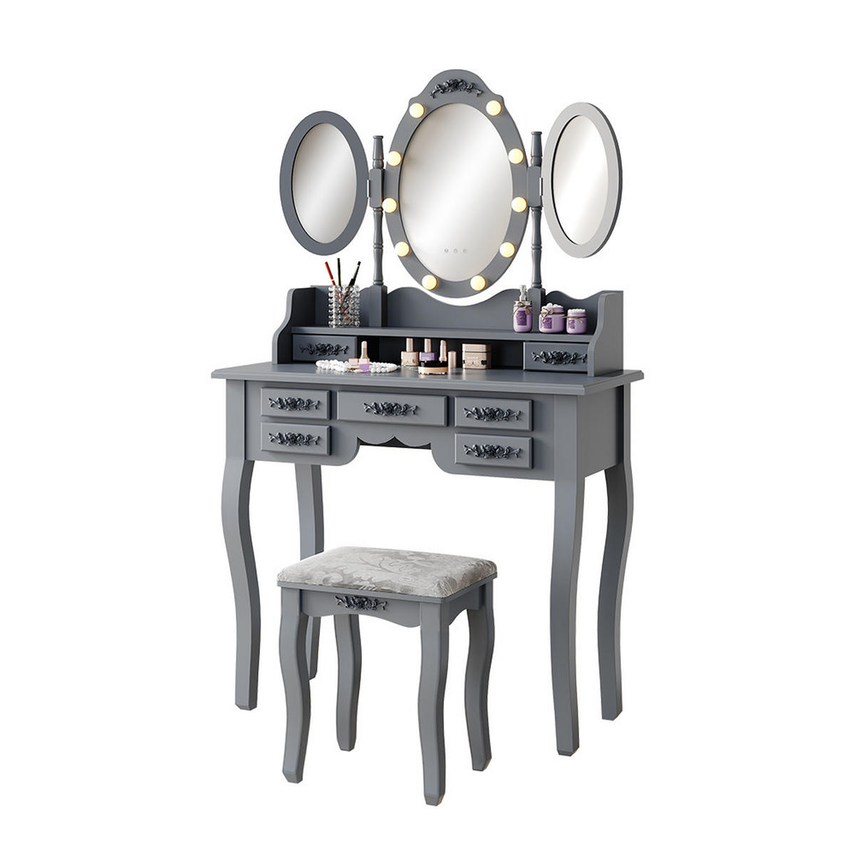 SCHMINKTISCH Diana Grau 90 cm mit Beleuchtung und Hocker - Grau, Holzwerkstoff (90/147/40cm) - Vicco