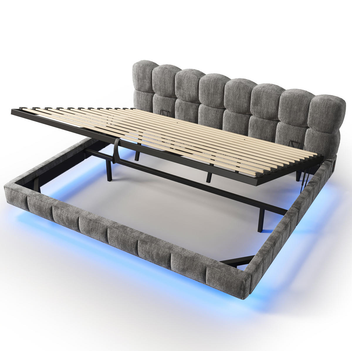 POLSTERBETT aus Chenille 180x200 cm Grau mit Bettkasten, LED-Beleuchtung und USB-/Typ-C-Anschlüssen - Grau, Textil (180/200cm) - Modfu