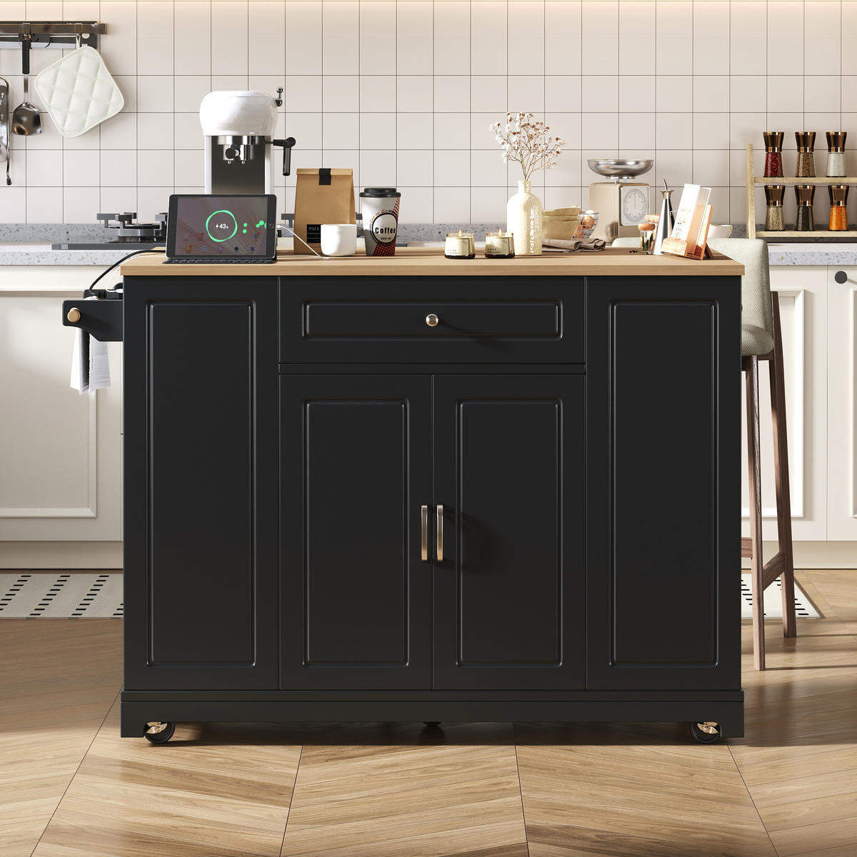 KÜCHENINSEL 131,8/40-70/93,3 cm Schwarz mit ausziehbarer Arbeitsplatte, Steckdose und Mülleimerfach - Schwarz, Holz/Holzwerkstoff (131.8/93.3/40cm) - Oxeza