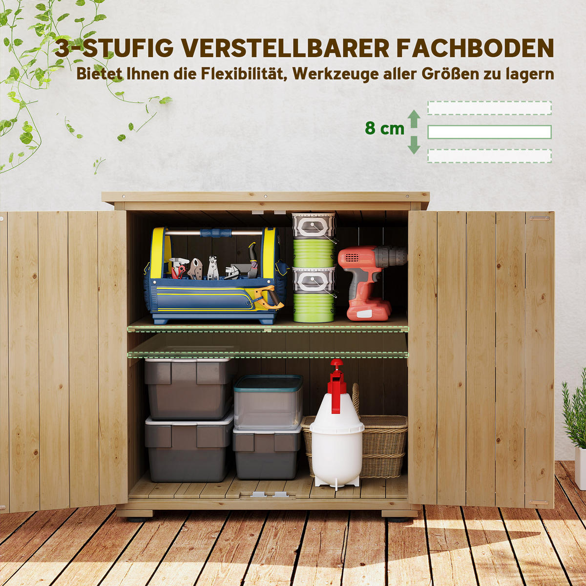 GARTENSCHRANK, Wetterfester Geräteschuppen, Doppeltür, für Garten Balkon, Holz, Natur - Fichtefarben, Holz (88/90/77.5cm) - Outsunny