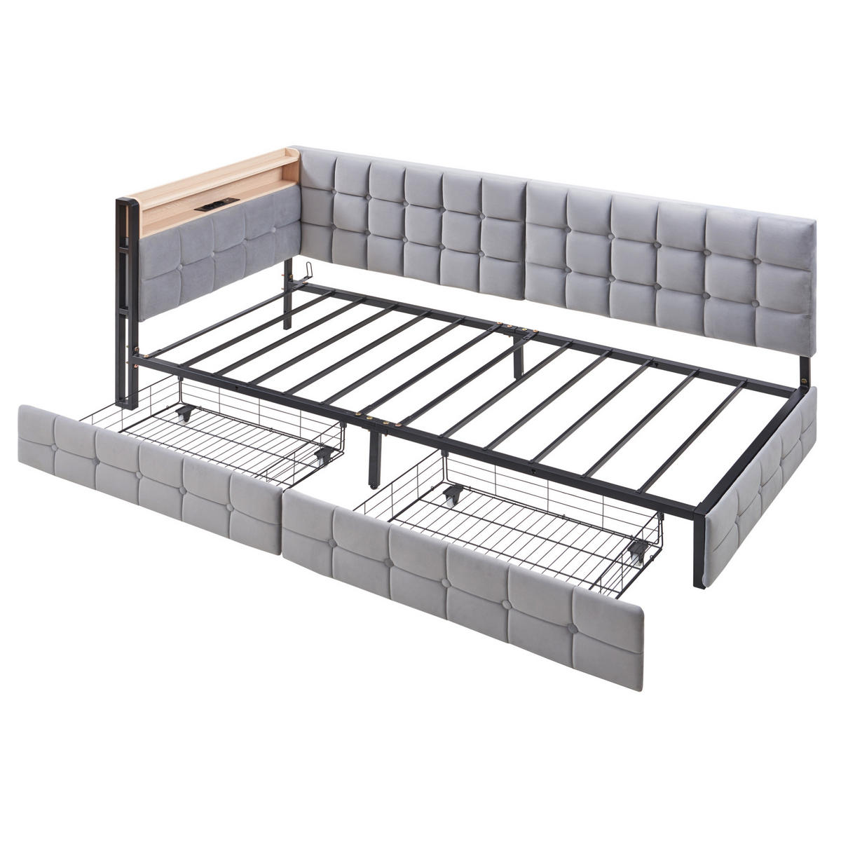 SCHLAFSOFA 90/200 cm gepolstert mit 2 Schubladen, LED-Beleuchtung, USB- und Typ-C-Anschluss, Grau - Grau, Textil (99/83.5/208.5cm) - Redom