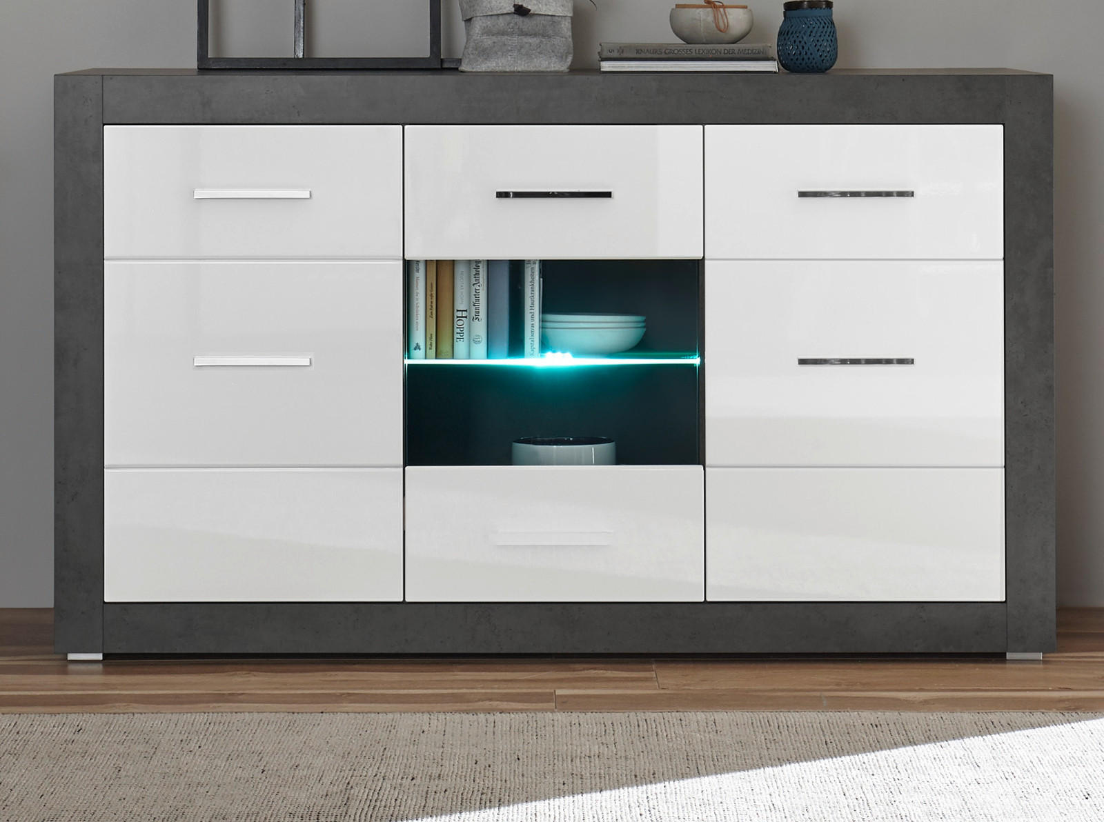 SIDEBOARD weiß Hochglanz, grau Stone 164 cm, Kommode 6 Fächern - Chromfarben/Weiß Hochglanz, Glas/Holzwerkstoff (164/97/42cm) - Furn.Design