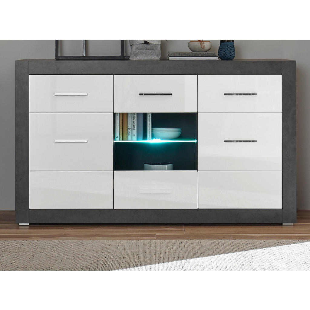 Thumbnail - Furn.Design Sideboard, Weiß Hochglanz, Grau, Metall, Nachbildung, Uni, 3 Fächer, 2 Schubladen, 164x97x42 cm, Wohnzimmer,...
