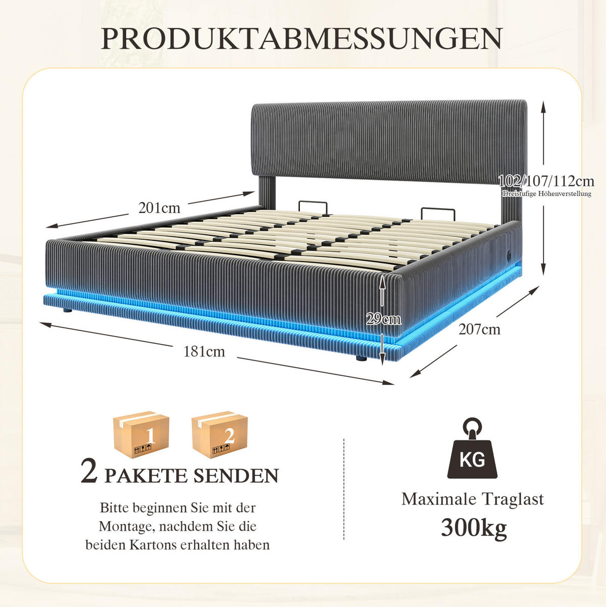 POLSTERBETT 180/200 cm mit LED-Beleuchtung, USB-C-Anschluss, verstellbarem Kopfteil und Bettkasten, Dunkelgrau - Dunkelgrau, Textil (180/200cm) - Redom