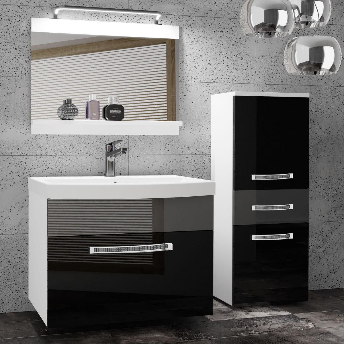 BADMÖBEL Badezimmer Schwarz/ Silber, Glänzend - Silberfarben/Schwarz, Holz (100/81/40cm) - B BELINI GROUP