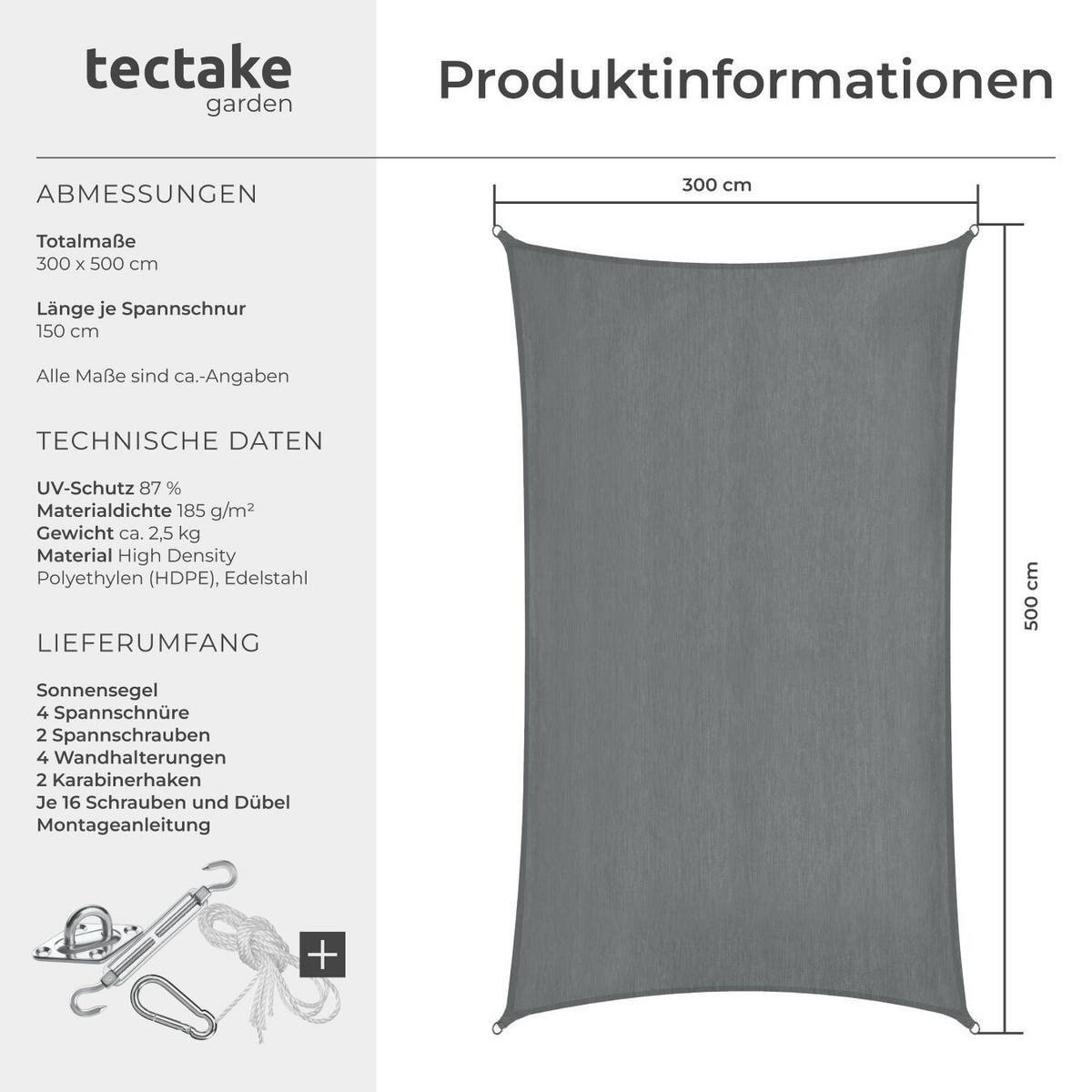 SONNENSEGEL Sunny,umfangreiches Montagematerial,grau - Grau, Kunststoff (500/300cm) - tectake