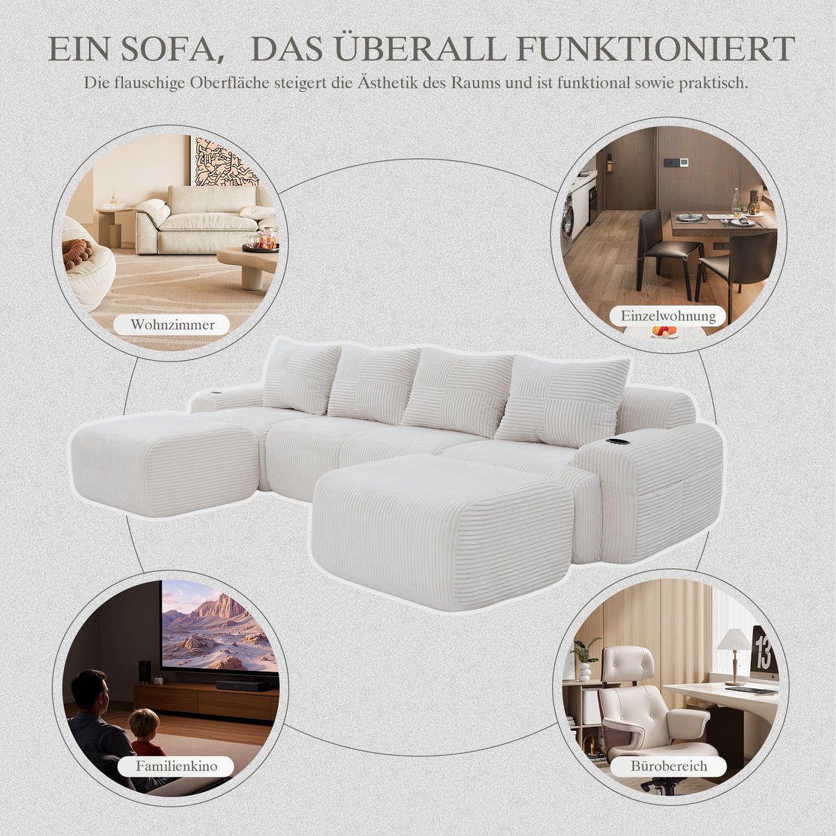 WOHNLANDSCHAFT Cord 4-Sitzer mit 2 Hockern und Getränkehalter 333/174/80 cm Beige - Beige, Textil (174/80/333cm) - Redom