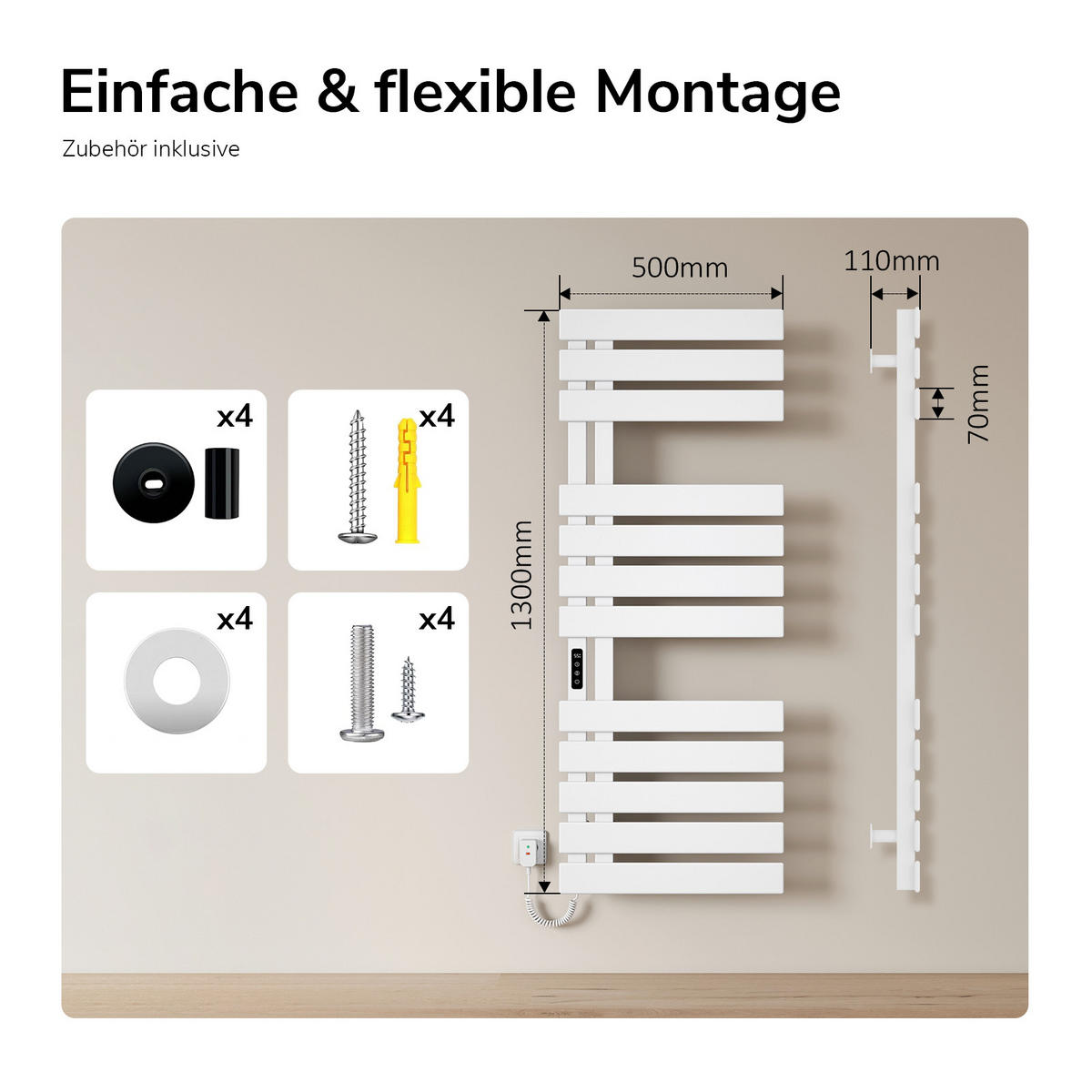 HEIZKÖRPER Elektrisch WLAN Thermostat Weiß 130/50 cm - Weiß, Metall (50/130/11cm) - EMKE