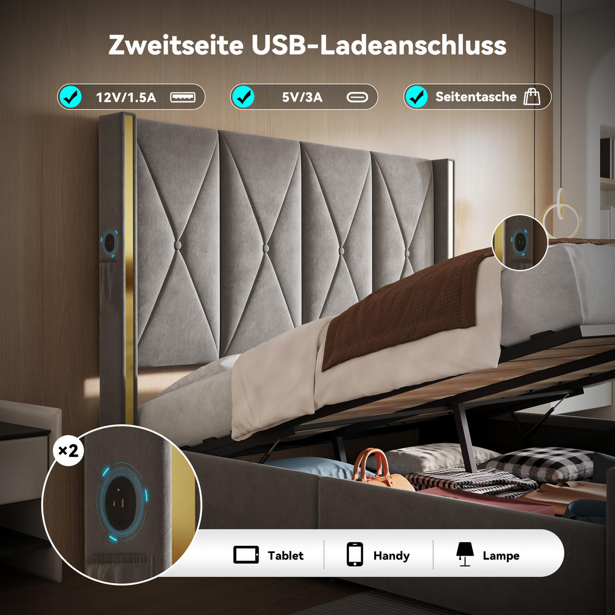 POLSTERBETT 160/200 cm in Dunkelgrau Samt mit Bettkasten, USB, LED und Seitentaschen - Dunkelgrau, Holzwerkstoff/Textil (160/200cm) - WISHDOR