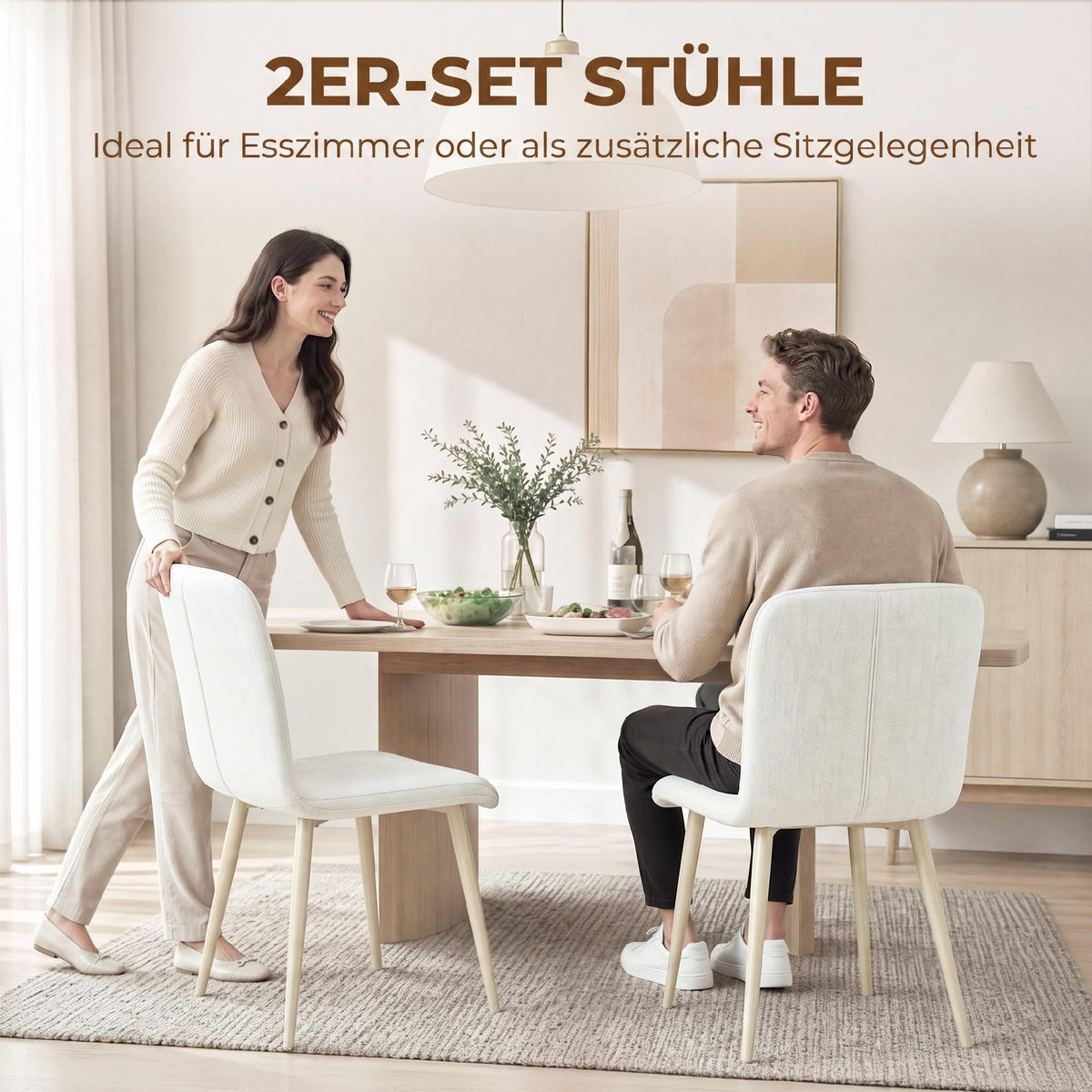 MATSALSSTOLAR i tyg med linneimitation, vit - Cremefärgad, Textil/Metall (57/85/42cm) - HOMCOM