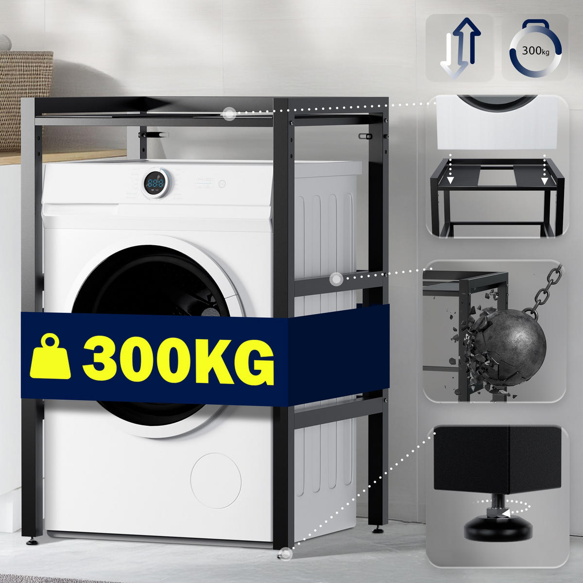 STAPELGESTELL für Wäschetrockner auf Waschmaschine MIXON Schwarz - Schwarz, Metall (73/110/60cm) - DELUKE