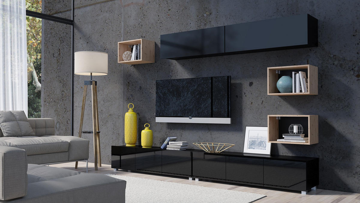 RTV-SCHRANK Bird Schwarz, dreitüriger TV-tisch - Silberfarben/Schwarz, Holzwerkstoff (150/37/43cm) - Bettso