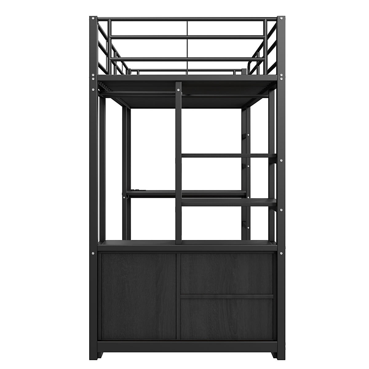 HOCHBETT 90/200 cm, Schwarz mit Schreibtisch, Steckdose und USB - Schwarz, Metall (90/200cm) - MIVRAY