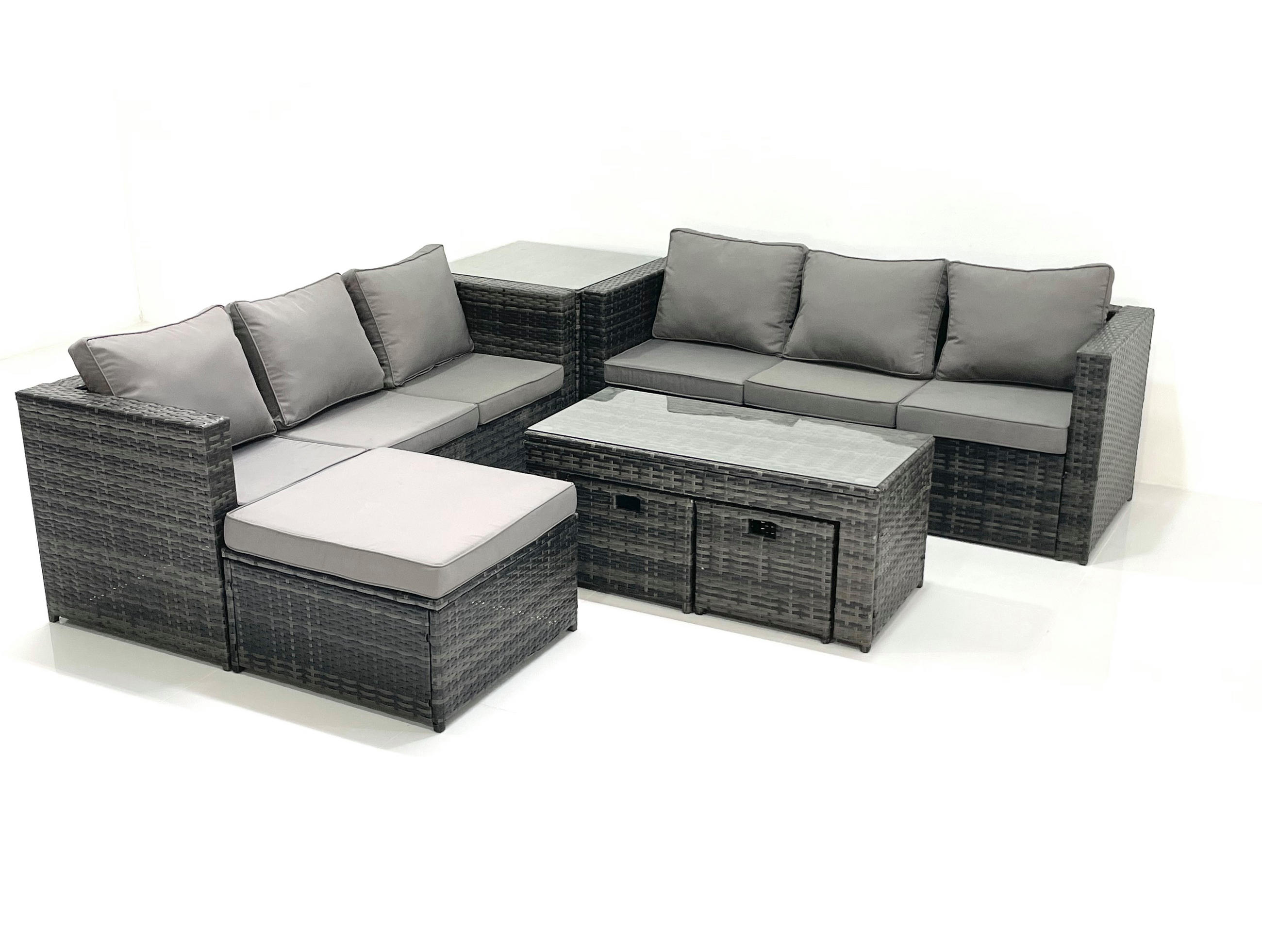 GARTENMÖBEL COUCHTISCH SET mit Sofa Polyrattan Outdoor 9-Sitzer - Dunkelgrau/Grau, Glas/Kunststoff - Fimous